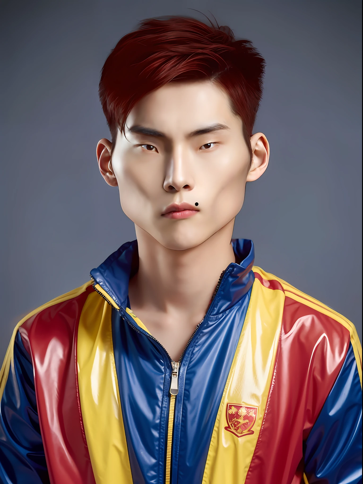 Chinese male high school student,Wearing PVC light blue tracksuit