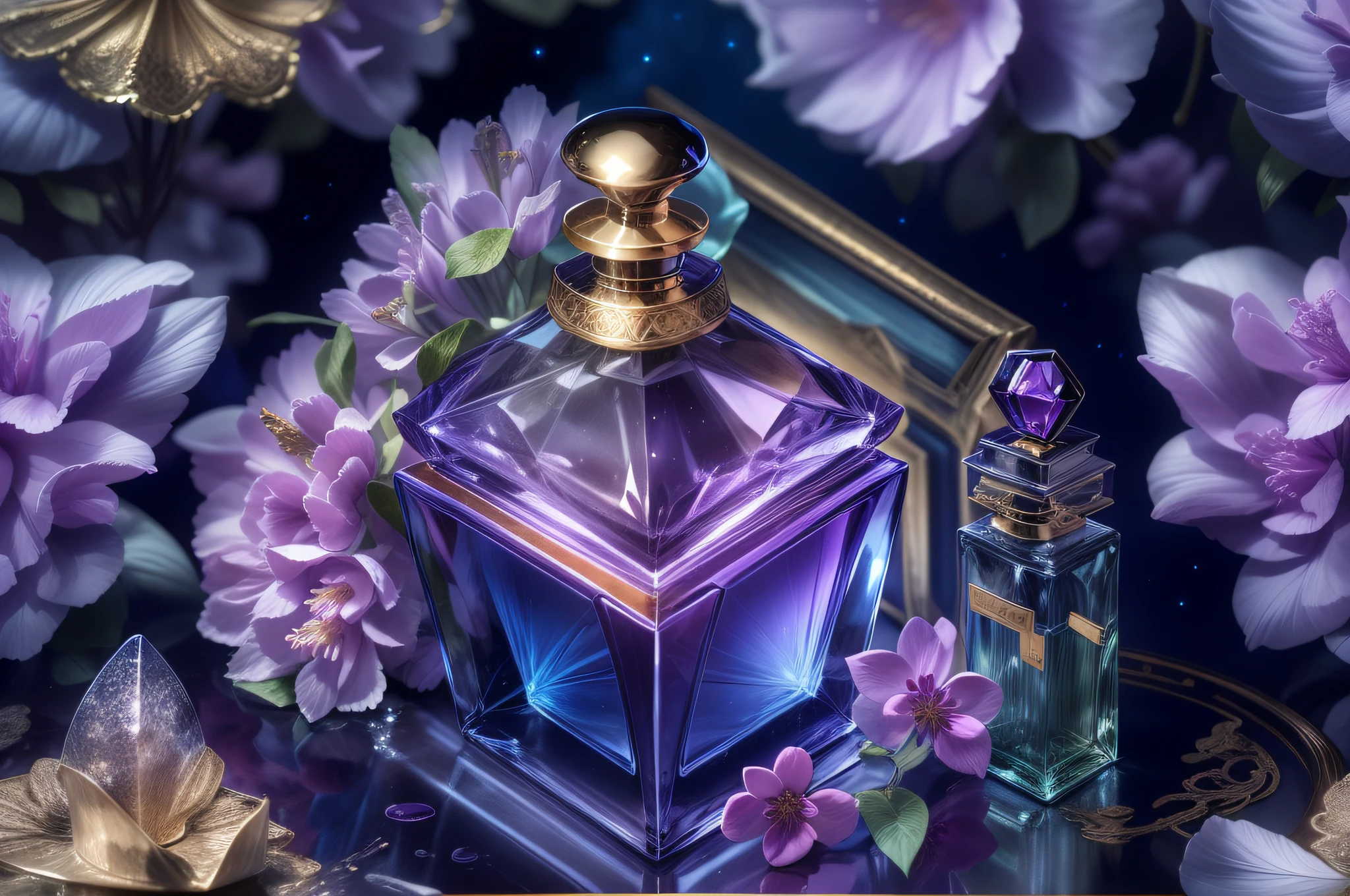(masterpiece), (intricate details), (photorealistic:1.3), no human, a crystal material (perfume bottle), lilac, the universe, Marine blue theme, black background, STUDIO_LIGHT,