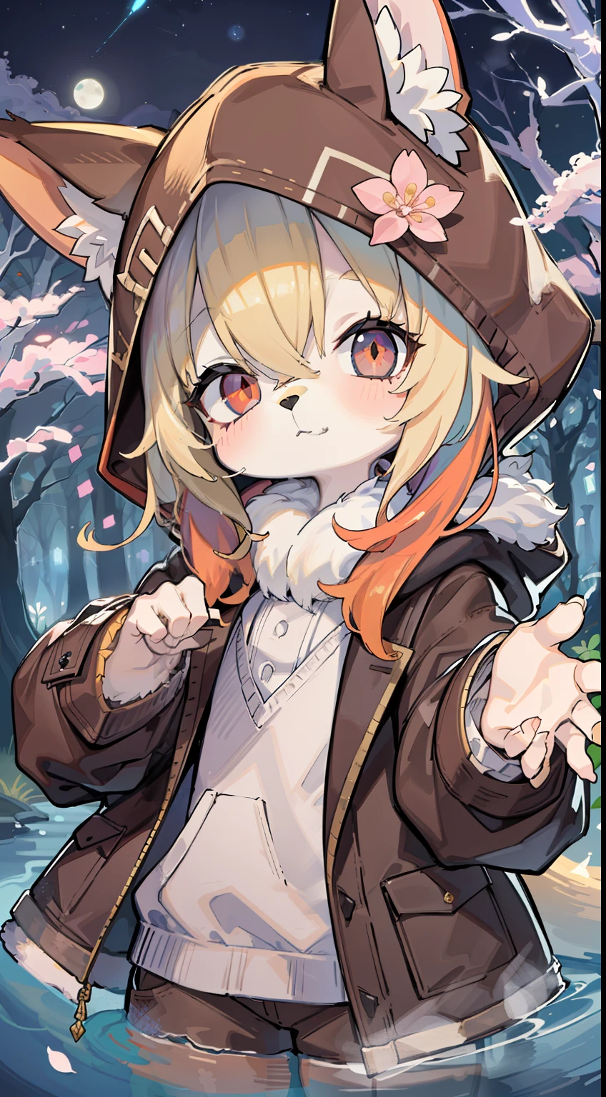 Fox Boy,Shota,hairy pubic,shaggy,Skin fur,Golden fur,Golden yellow face fur,Short straight blonde hair,Eyes have light,Red eyes,Brown elements on fur,Brown coat brown hood up,Star pattern white top,Brown trousers,Beautiful lights and shadows,Ambient light,Ultra-fine fur,volumettic light,Night,natural lightting,Fluffy tail,Night,starrysky,Vast landscape,crossed bangs, Hairline, Shiny hair, lone nape hair, ,Dilated pupils,Sleepy,(moon full:1.2),(meteors:0.9),(Starcloud:1.3),Inside the cherry blossom forest,Cherry blossoms fall,Background lake(Warm light source:1.2),(glowworm:1.2), Purple and orange,Complicated details,Volumetriclighting,Realist breakthrough(tmasterpiece:1.2)(best qualtiy),4K,Ultra-delicate,(Dynamic configuration:1.4),Highly detailed and colorful details,(Irridescent color :1.2),(luminouslighting,Atmospheric lighting),dream magical,magic,(独奏:1.2)Glowing light,Empty eyes, partially underwater shot