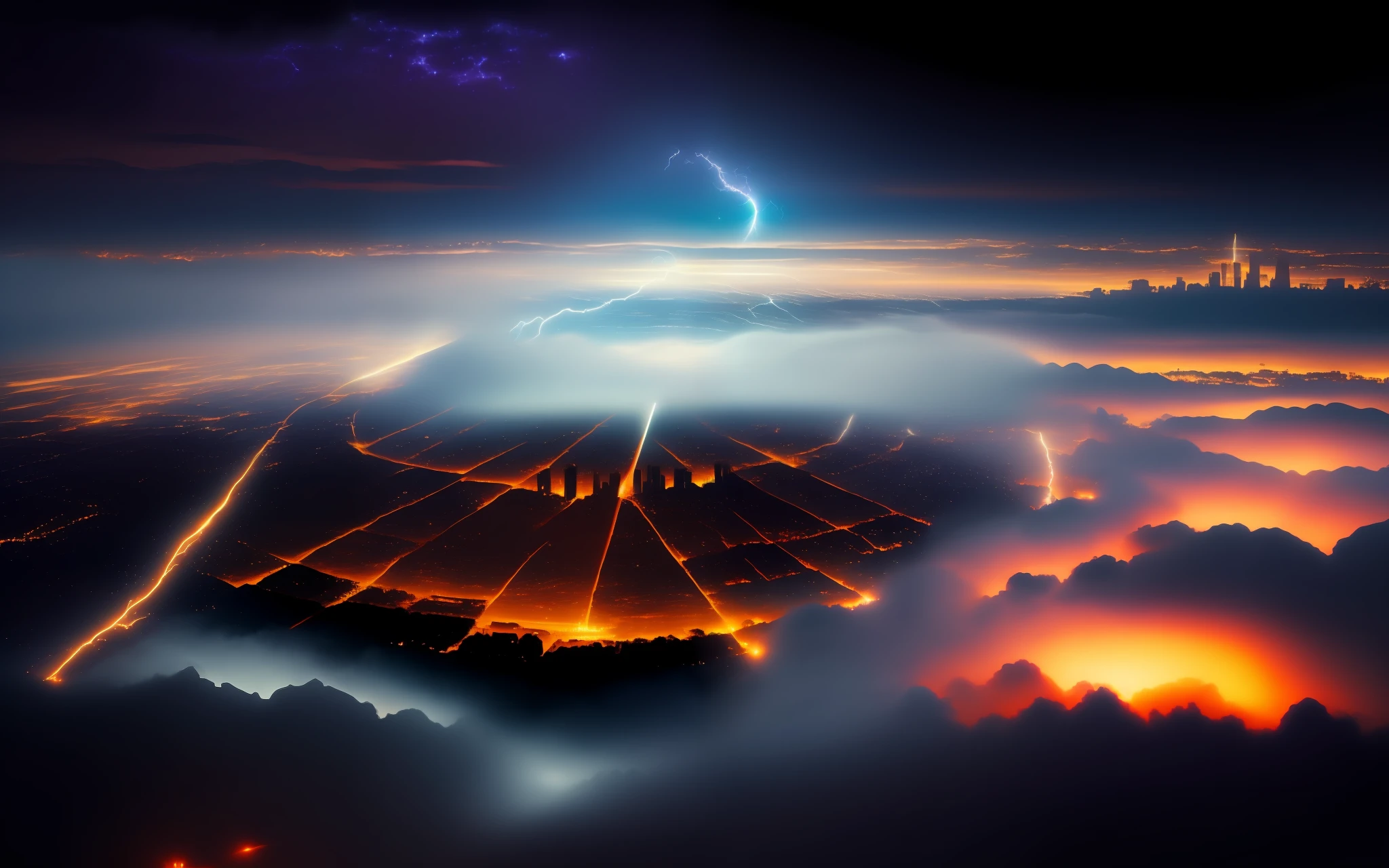 Alfid cityscape with lightning in the sky, black hole rising above city, Amazing wallpapers, ethereal starlit city at sunset, city in the clouds, clouds and corrupted city behind, glowing swirling mist, epic stunning atmosphere, Magic portal in the sky, heaven planet in background, a city in the clouds, The amazing atmosphere of the Thunder Super Vast and Brilliant City Yunnei Ancient Kingdom