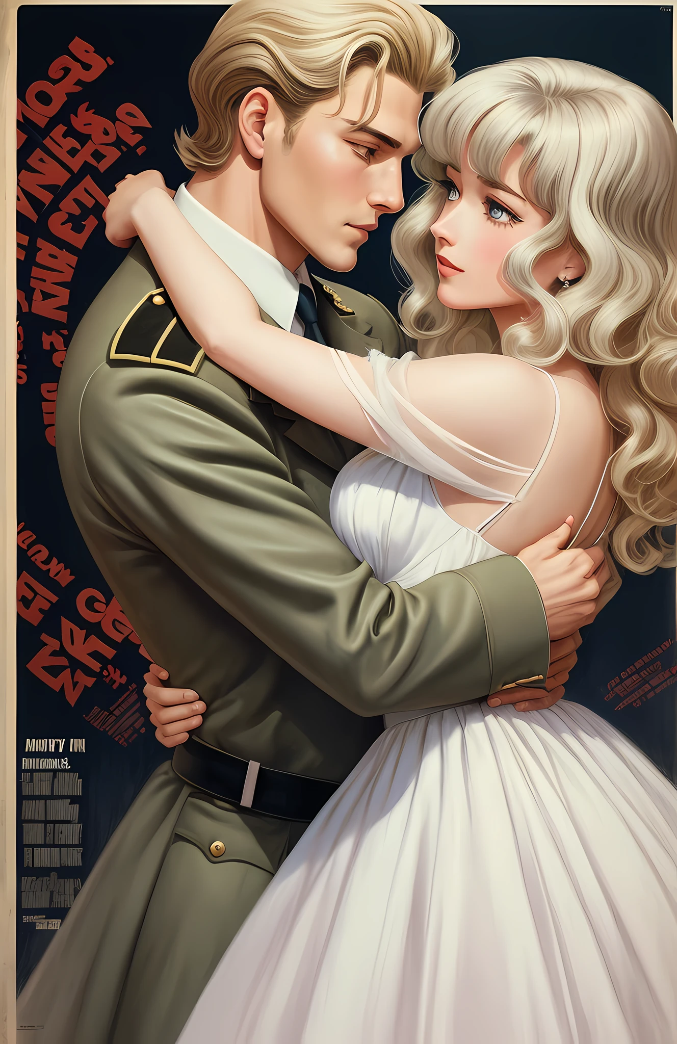 Retro illustration、Retro Movie Posters、Romance movie poster、Blonde、Dandy man with gray hair、The scene where the two hug each other、A woman has an、Blonde wavy bob hair、Wearing a white dress、Men、Soldiers returning from the war、Upper body illustration、