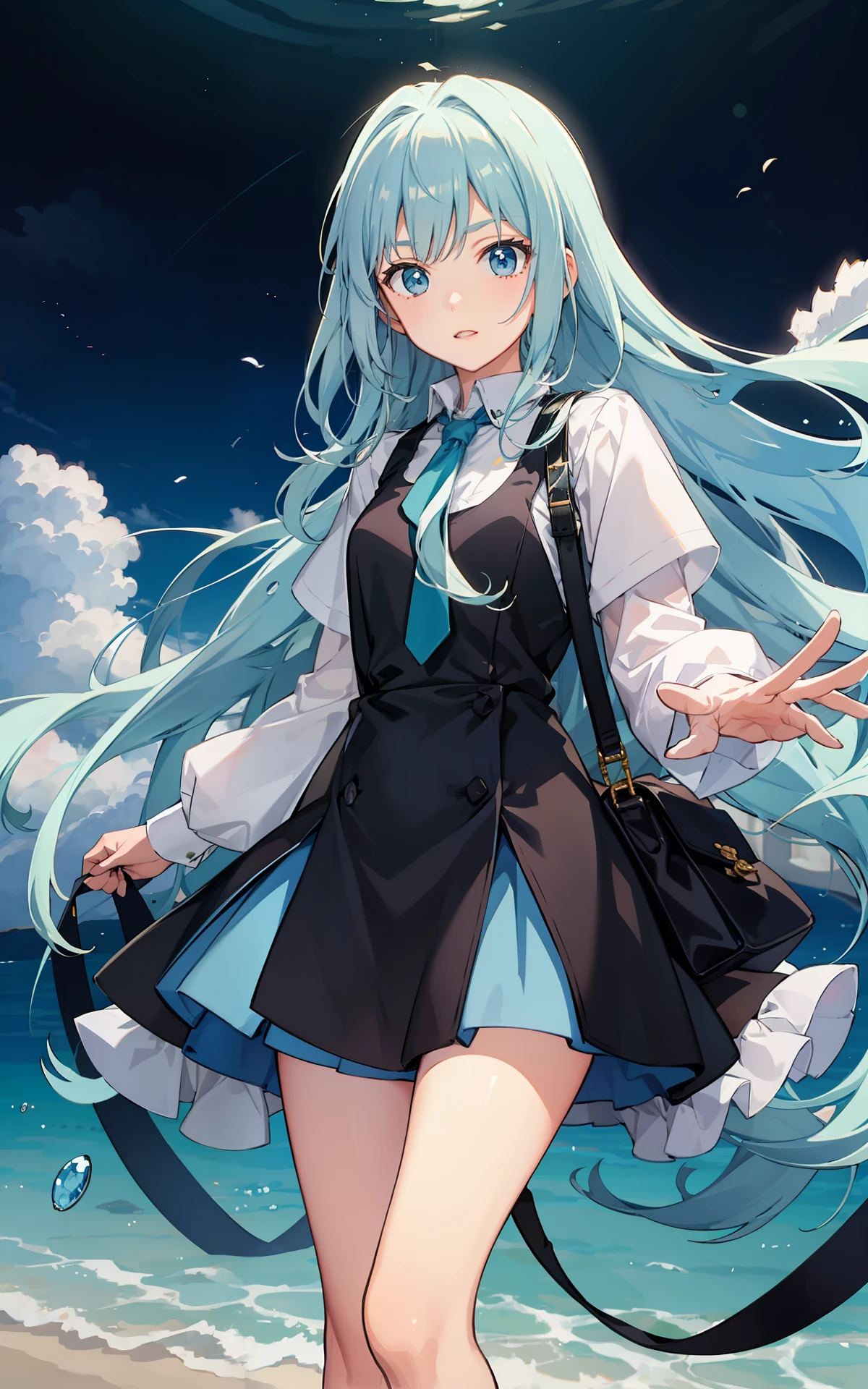 2D two-dimensional manga style light blue long hair scattered girl wearing group master and shirt Ultra HD meticulous