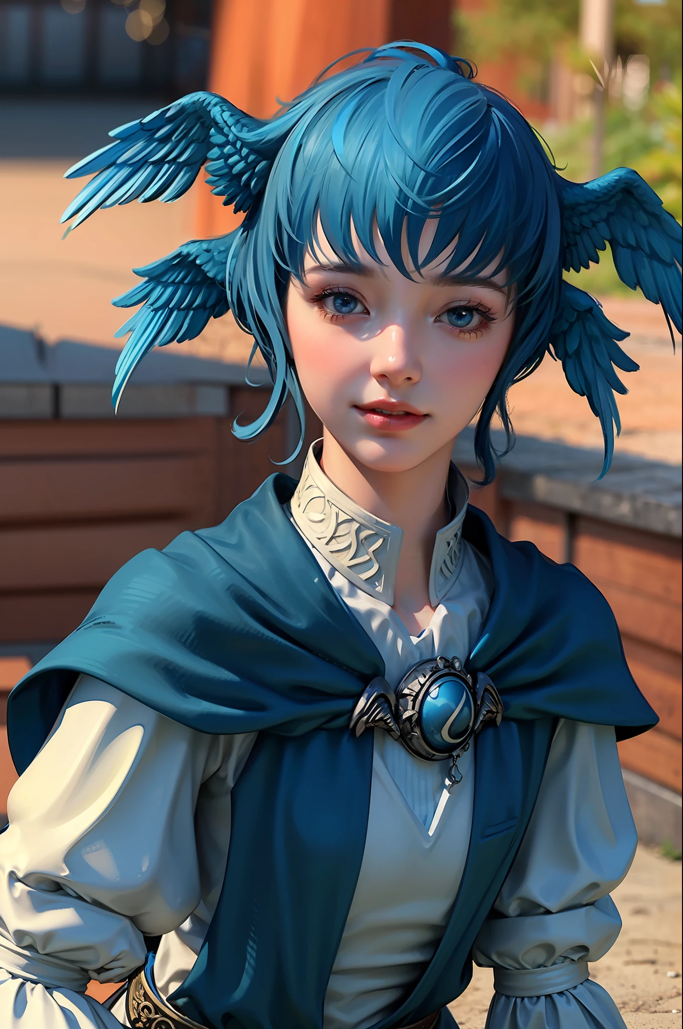 (8K, Raw photo, Best Quality, masutepiece:1.2), (Realistic, Photorealsitic:1.4), Ultra-detailed, Perfect Detail ,make up,Blue hair, head wings, Jewelry, bird tail,Blue eyes, Glowing eyes, Looking at Viewer, Upper body, Detailed eyes, bird legs, Short hair,Realistic, Bangs, Meteion, Pedras preciosas, Capelet, Teenage, Upper body, Looking at Viewer, smily face, Wild Shot,