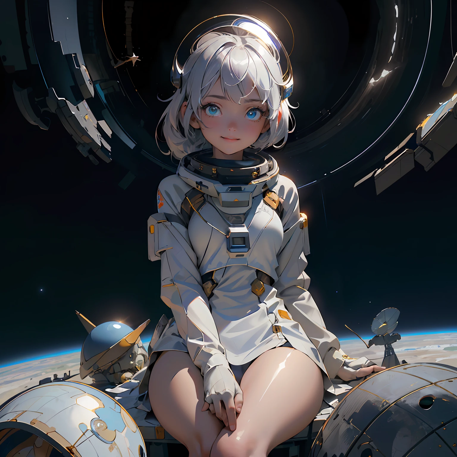 ((1girl,solo))absurdres, highres, ultra detailed, (1girl:1.3), (disheveled hair,beautiful detailed eyes,shiny oily skin:1.1),
smile or open mouse,
sitting in the cockpit of a spacecraft
many stars and numerous spacecraft moving around
giant stars, the sun, and the moon
spacecraft
astronaut
Robots and artificial intelligence devices
space helmet
comet
tangle of wires
