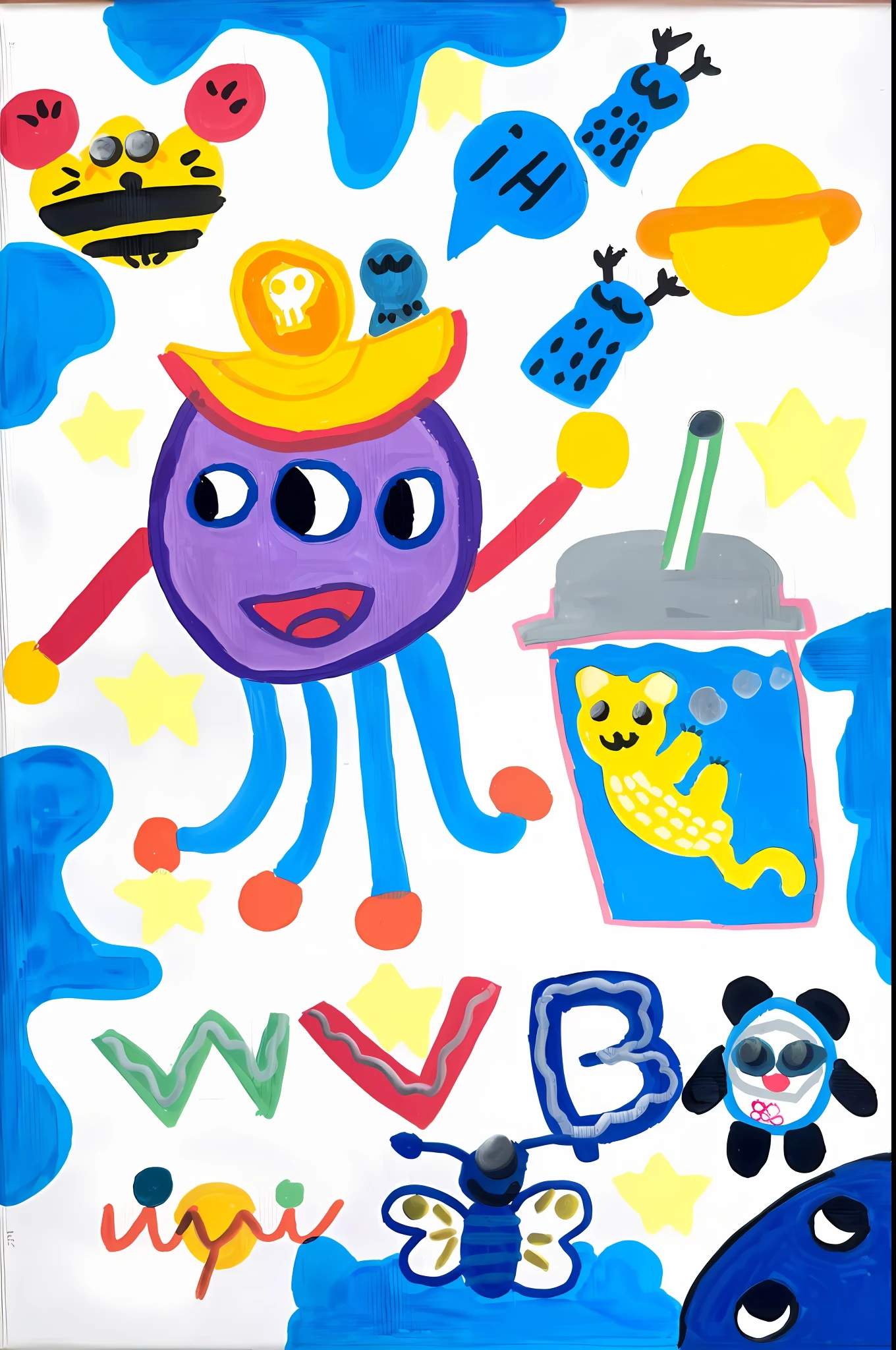 Draw cartoon octopus with straw hat and drink, Oil painting and aliens on canvas, venus squid astronaut, based on child's drawing, super nova octopus, outsider art style, octopus wearing a spacesuit, gouache on canvas, inspired by Gary Panter, relaxed octopus on moon, tentacles in universe, art brut!!!, in an colorful alien planet
