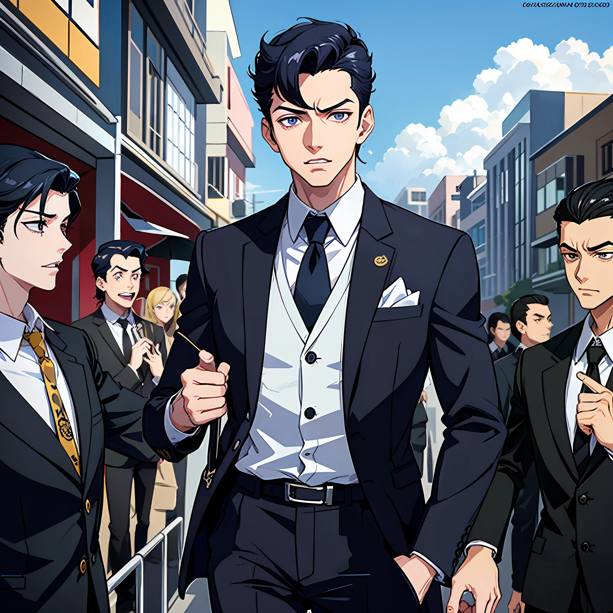 A boy in a suit, with a cigar on the nose of an airplane,He was followed by two bodyguards,Inspired by Josuke Higashikata,Walk the quaint streets,Very arrogant expression,evil, disdain, raised eyebrow,Detailed digital anime art,Digital anime art,High quality anime art style