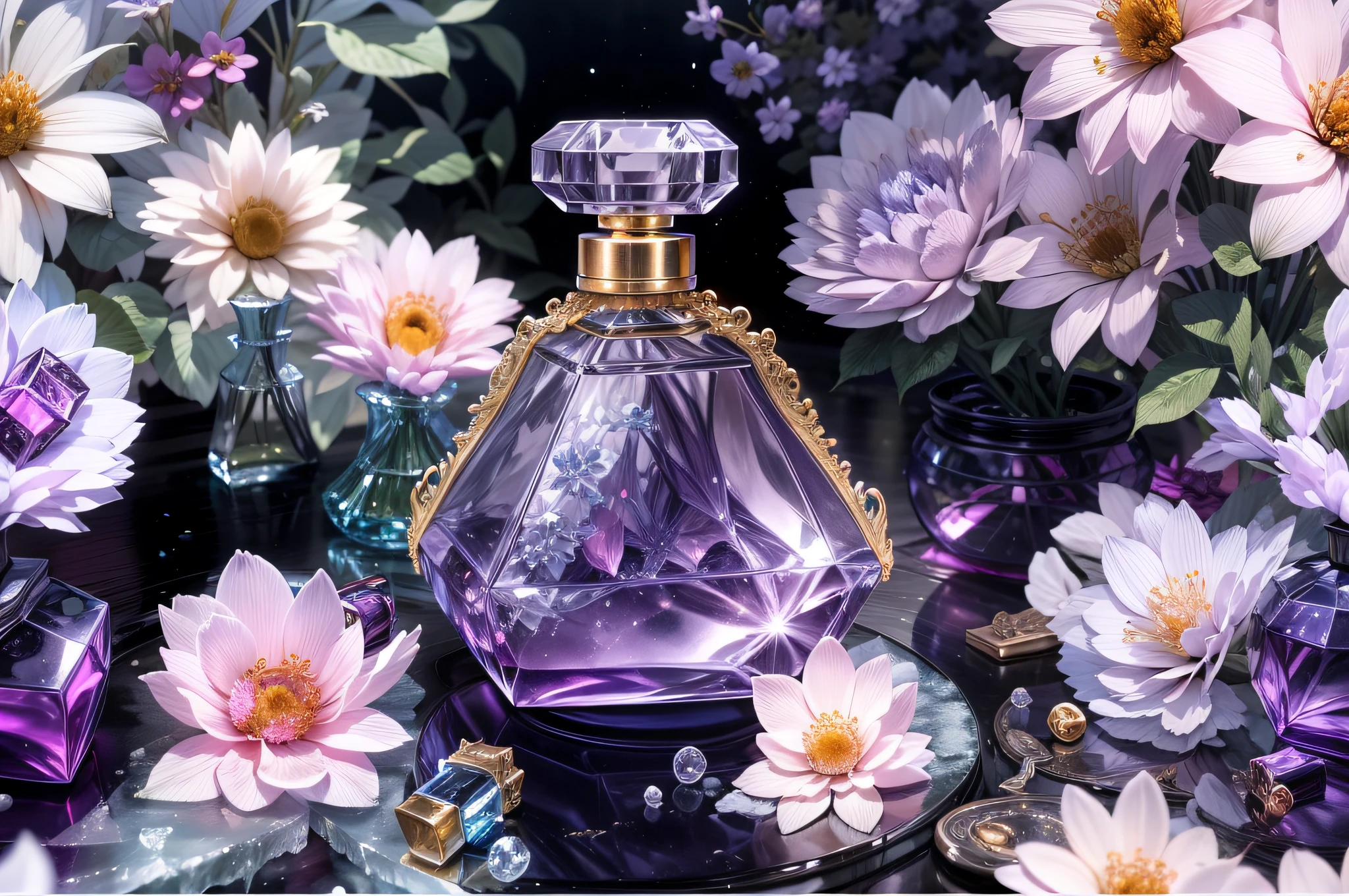 (masterpiece), (intricate details), (photorealistic:1.3), no human, crystal material (perfume bottle:1.3), white flowers, the universe, purple theme, black background, A pile of ice,
