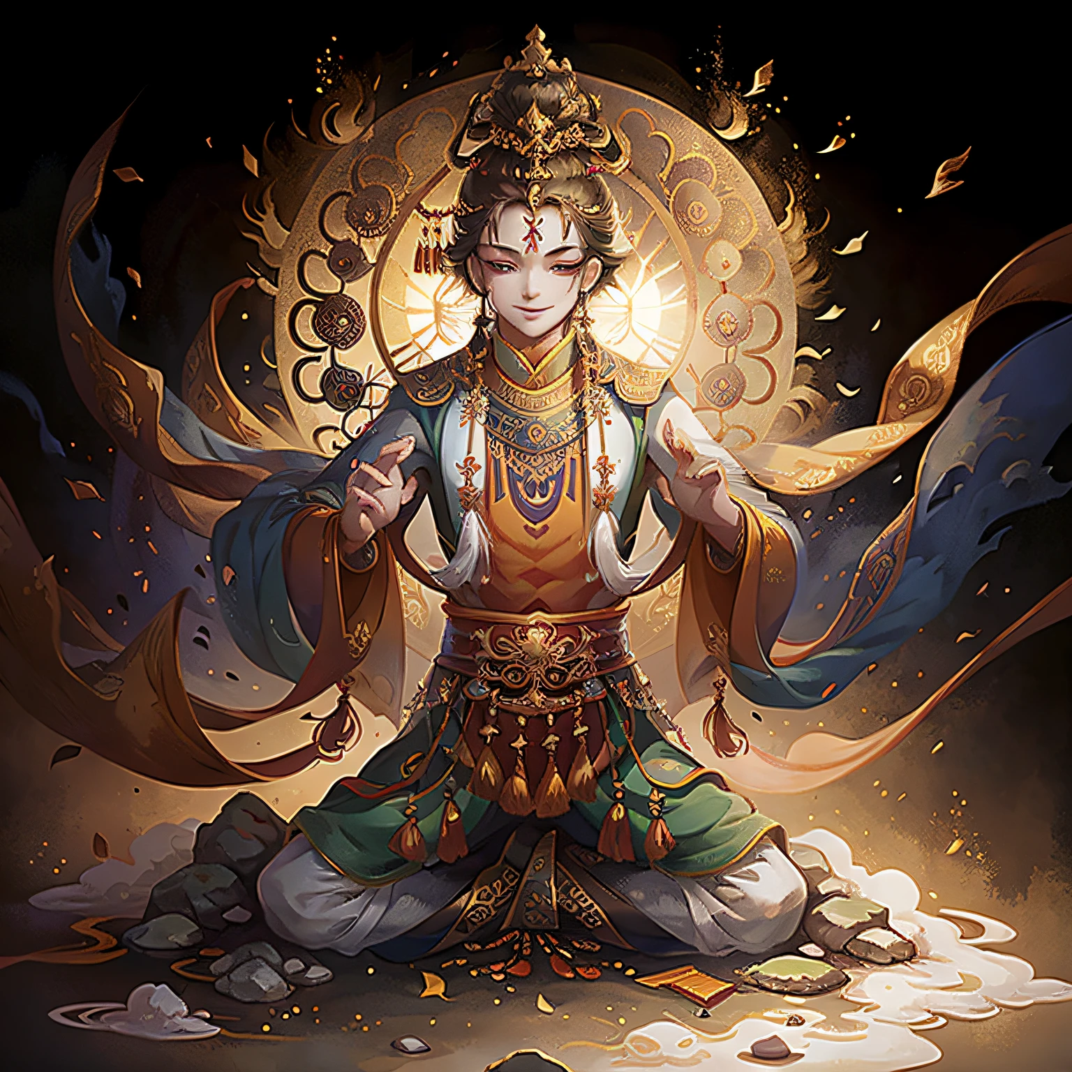 A (full body:1.3) shot at 8k resolution,tibetan best quality masterpiece, clothes,beautiful digital artwork, littel sun on head ,solo,upper body,grin, in temple young boy doing yoga --auto