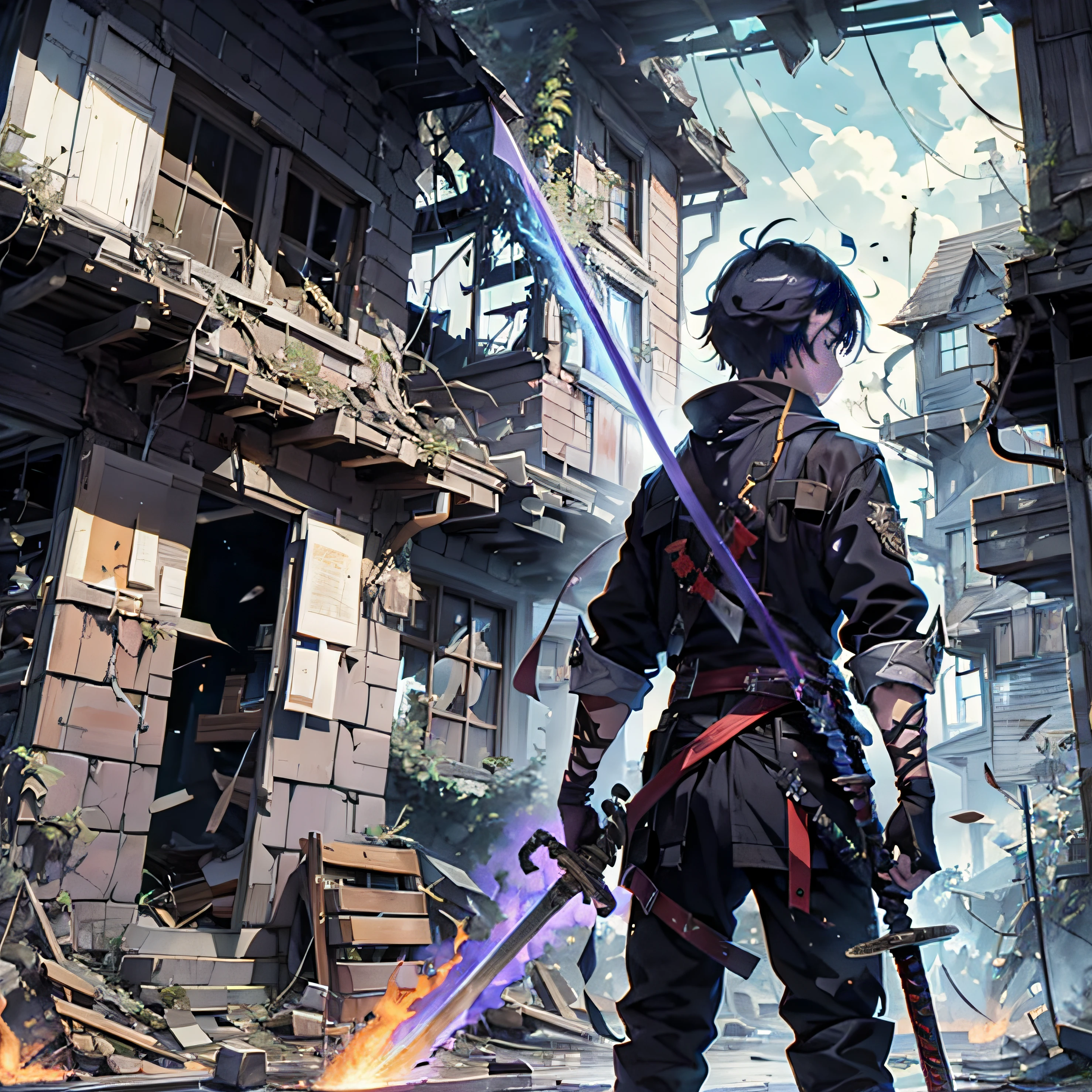 2 Boys,2boy,2 Anime boy,With a sword,Wield this sword,A sword surrounded by red flames,Wield this sword, Ruined suburbs,Dilapidated old house,background inside dark,Ultra-long viewing angle,A dilapidated house in the distance,sword-wielding,sword-wielding