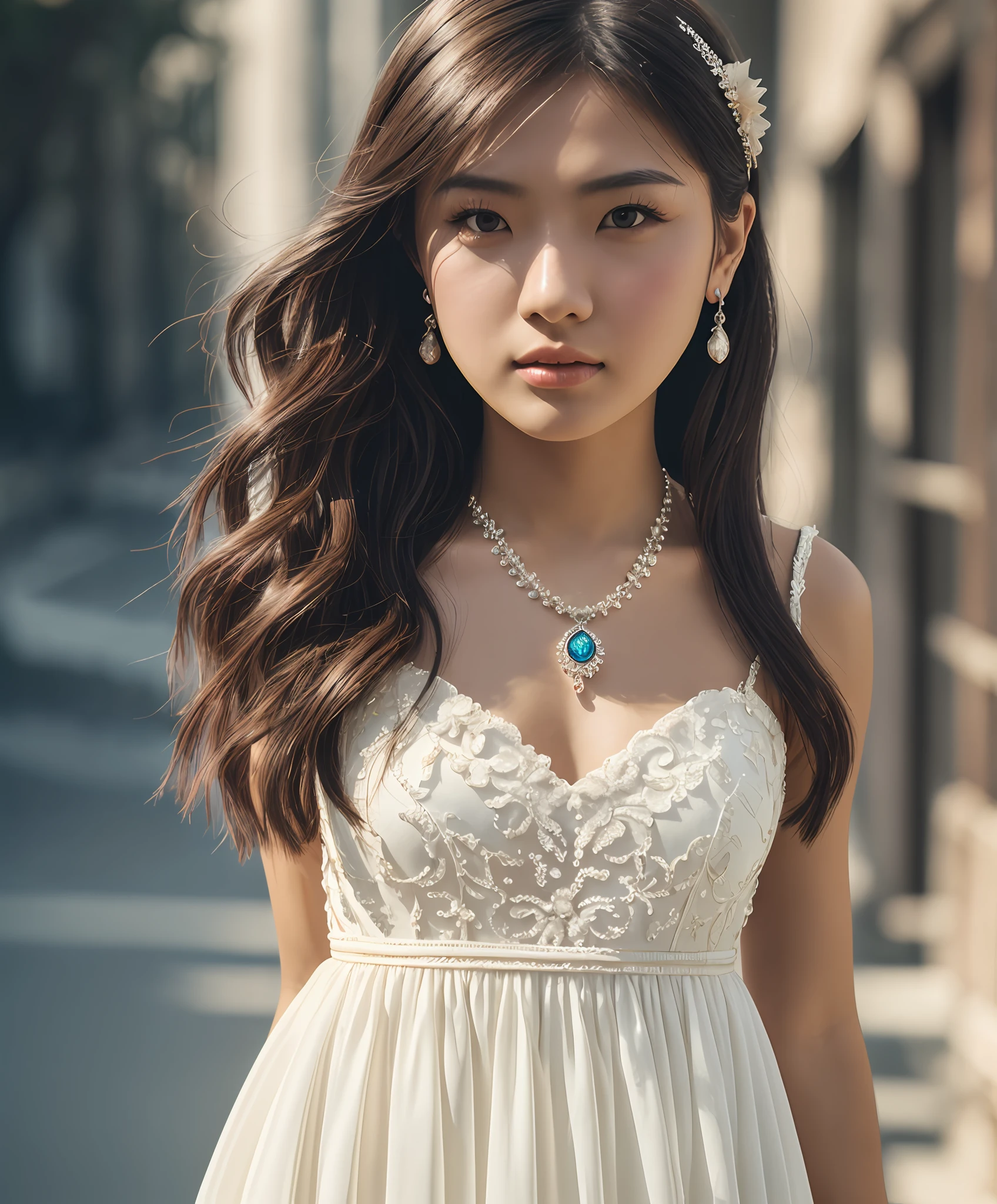 Best Quality, Masterpiece, High Resolution, 1girl, Porcelain Dress, Hair Accessories, Necklace, Jewelry, Pretty Face, On Body, Tyndall Effect, Realistic, Shadow Studio, Rim Lighting, Dual Tone Lighting, (High Detail Skins: 1.2), 8k UHD, dslr, soft light, high quality, volume light, sneak shot, photo, high resolution, 4k, 8k, background blur, --auto