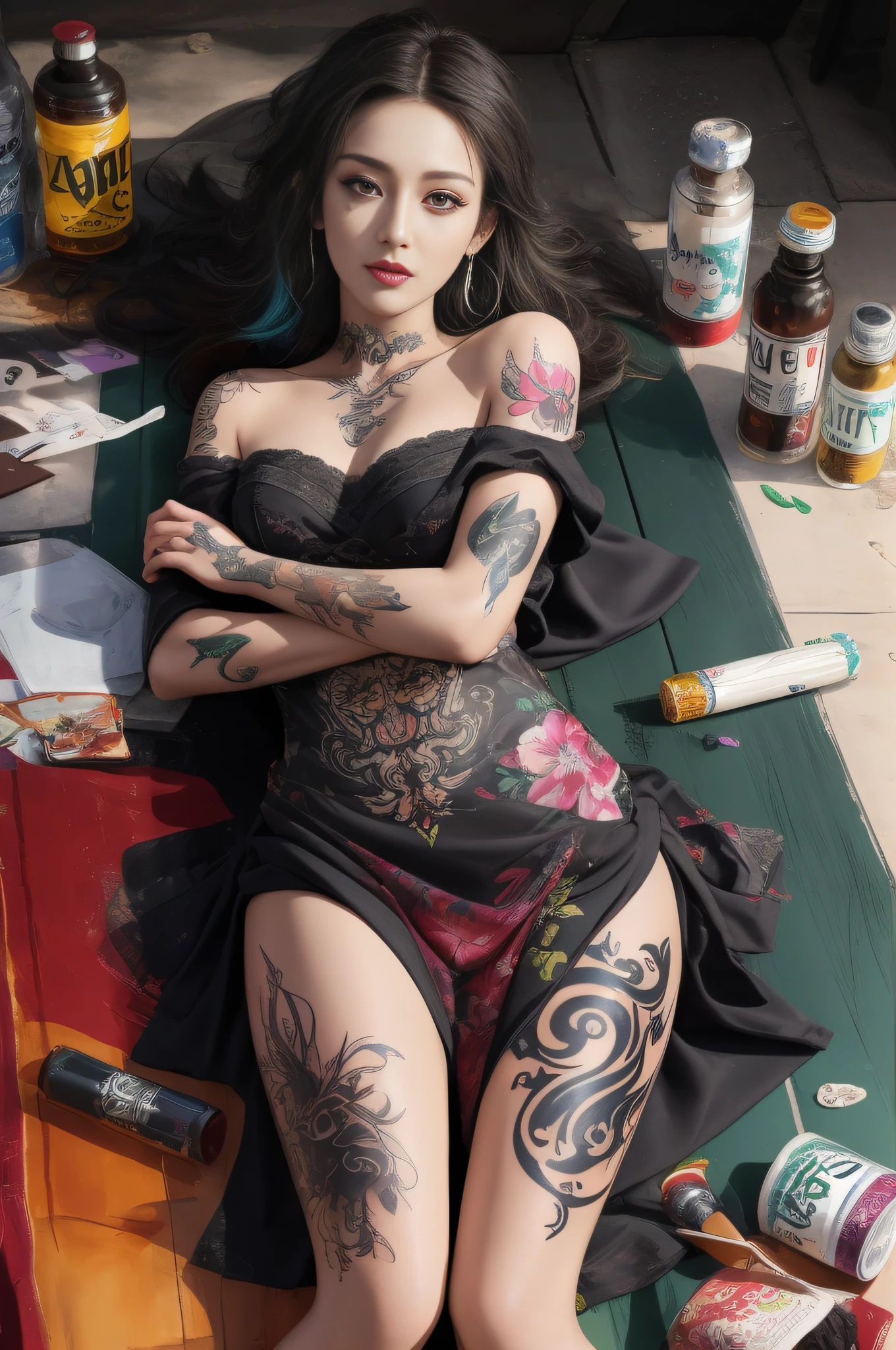 (8K, RAW photo, Best quality, Masterpiece:1.2), (Realistic, photo-realistic:1.37), Ultra-detailed,(detailed beautiful girl:1.4),The Arad woman lying on the table has tattoos on her body, Tattoo ink, Ink style, Colorful ink, bodypaint, Full-body art, Full-body art, body covered in floral tattoos, tattoo, of taiwanese girl with tattoos, Color ink, signed, fullbody painting, tattoo style, Professional body painting, Ink paint, tattoo all over body