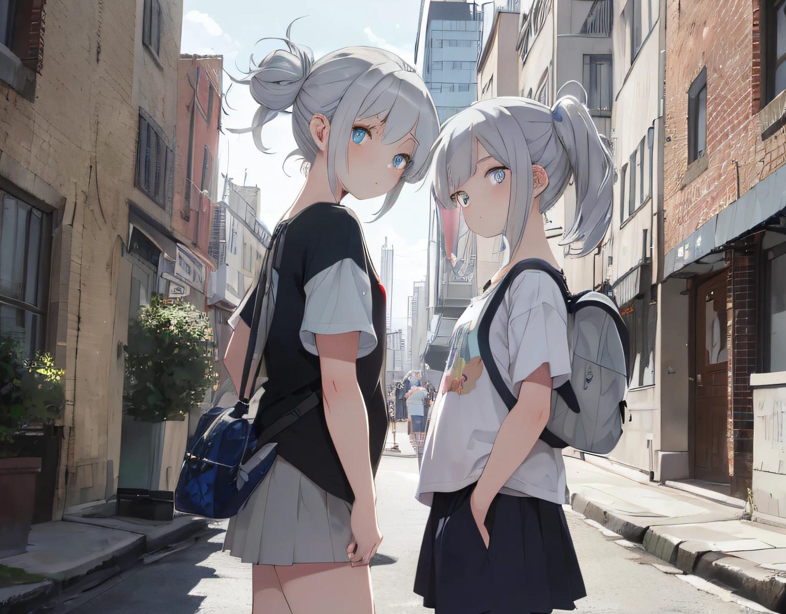 masterpiece, best quality, ultra-detailed, illustration, an extremely delicate and beautiful, cute, 2girls, from side, multicolored hair, grey hair, (blonde hair)++, blue eyes, (spiked hair)++, t-shirt, casual, sandals, cityscape