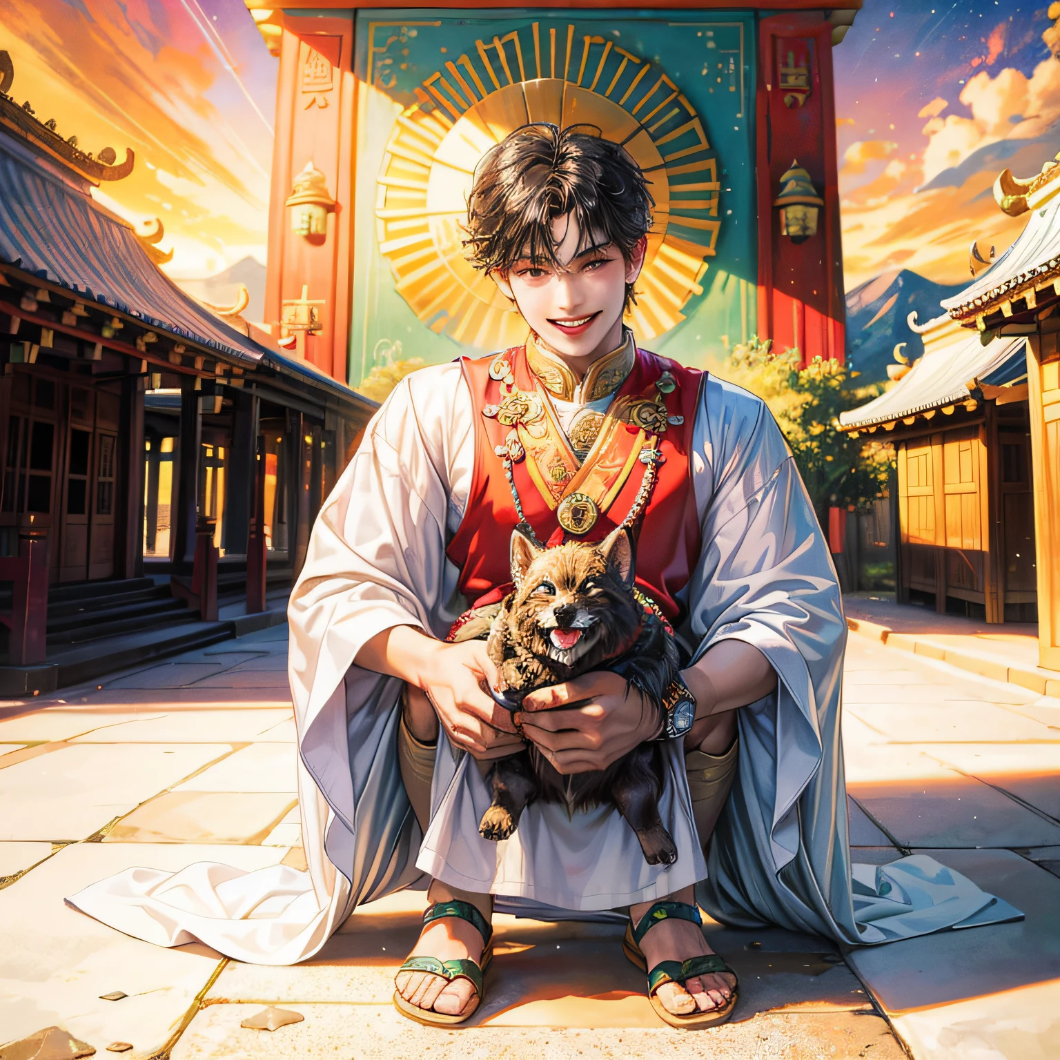 A (full body:1.3) shot at 8k resolution,tibetan best quality masterpiece, clothes,beautiful digital artwork, littel sun in hand,solo,upper body,grin, in temple young boy --auto