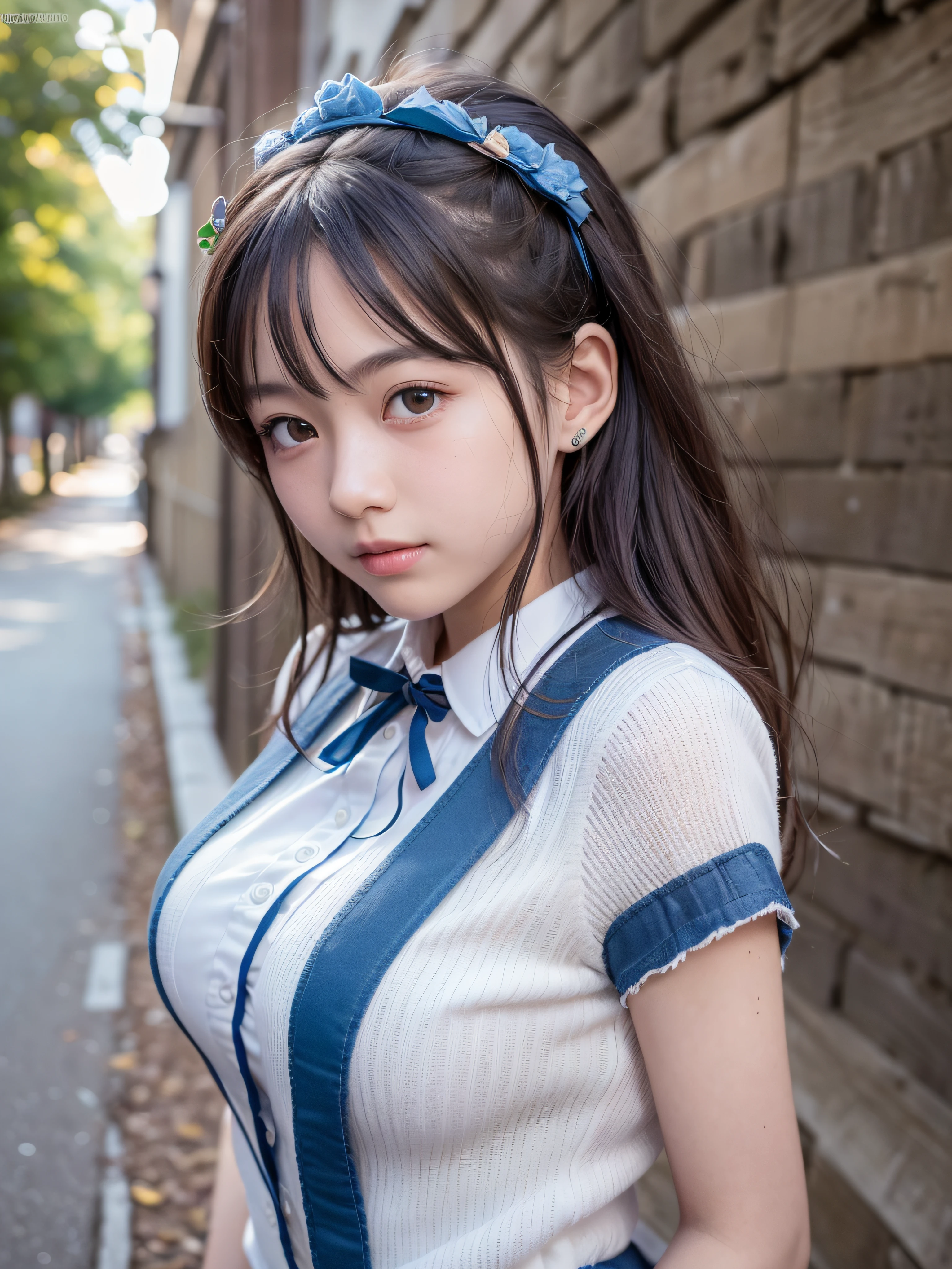 (realistic, photo-realistic:1.37), incredibly absurdres, (insanely detailed:1.3), 8k, (masterpiece), (best quality:1.4), (ultra high res:1.2), (RAW photo:1.2), (unity 8k wallpaper), 1 nogizaka girl, utterly cute, (bishojo:1.35), (yo:1.4), ((short-sleeved school uniform with white)), perfect anatomy, hair accessory with blue rose, an exquisitely detailed and beautiful face and eyes and skin, detailed shine hair, medium breasts, smile at the camera, cowboy shot, the way from school to home, ultra detailed background, professional lighting