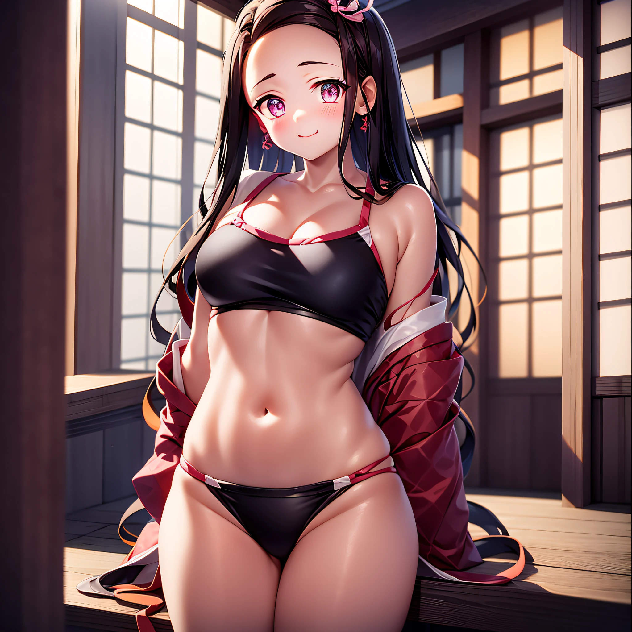 Nezuko, japanese school swimwear, 城市, (masutepiece:1.1), (Highest Quality:1.1), (nffsw:1.0), Extreme quality, nffsw, Detailed face+Eyes, (Colorful:0.8), masutepiece, 8K, Tone Mapping, hyperfocus