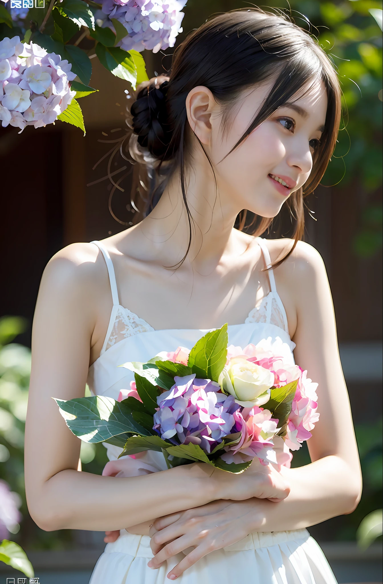 (((Full body photo)))), ((Single eyelid))),((Sunset backlight))),(Lens flare)),(Wearing china clothes)),(((Super Soft Focus)))))), smiling, (Profile))))), (Upward)), twilight, showering, Colorful hydrangea on background, surrounded by hydrangeas, ((soft sunset)), (yinchuan:1.5), masterpiece, best quality, raw photo, photorealistic, face, beautiful girl, cute, short hair, ((((depth of field)))), high resolution, ultra detail, fine detail, very detail, cinematic lighting