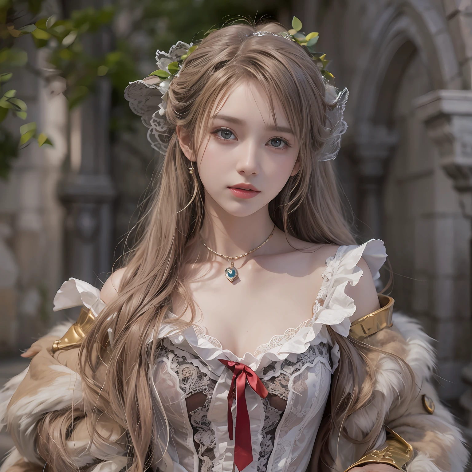 (8K, RAW photos, best qualtiy, tmasterpiece:1.2),(realisticlying, photograph realistic:1.4)
Lolita costume,Lace, Aerith Gainsborough, The upper part of the body, undergarments,exposed bare shoulders, do lado de fora, Old castle, high high quality, Adobe Lightroom, highdetailskin, looking at viewert,
