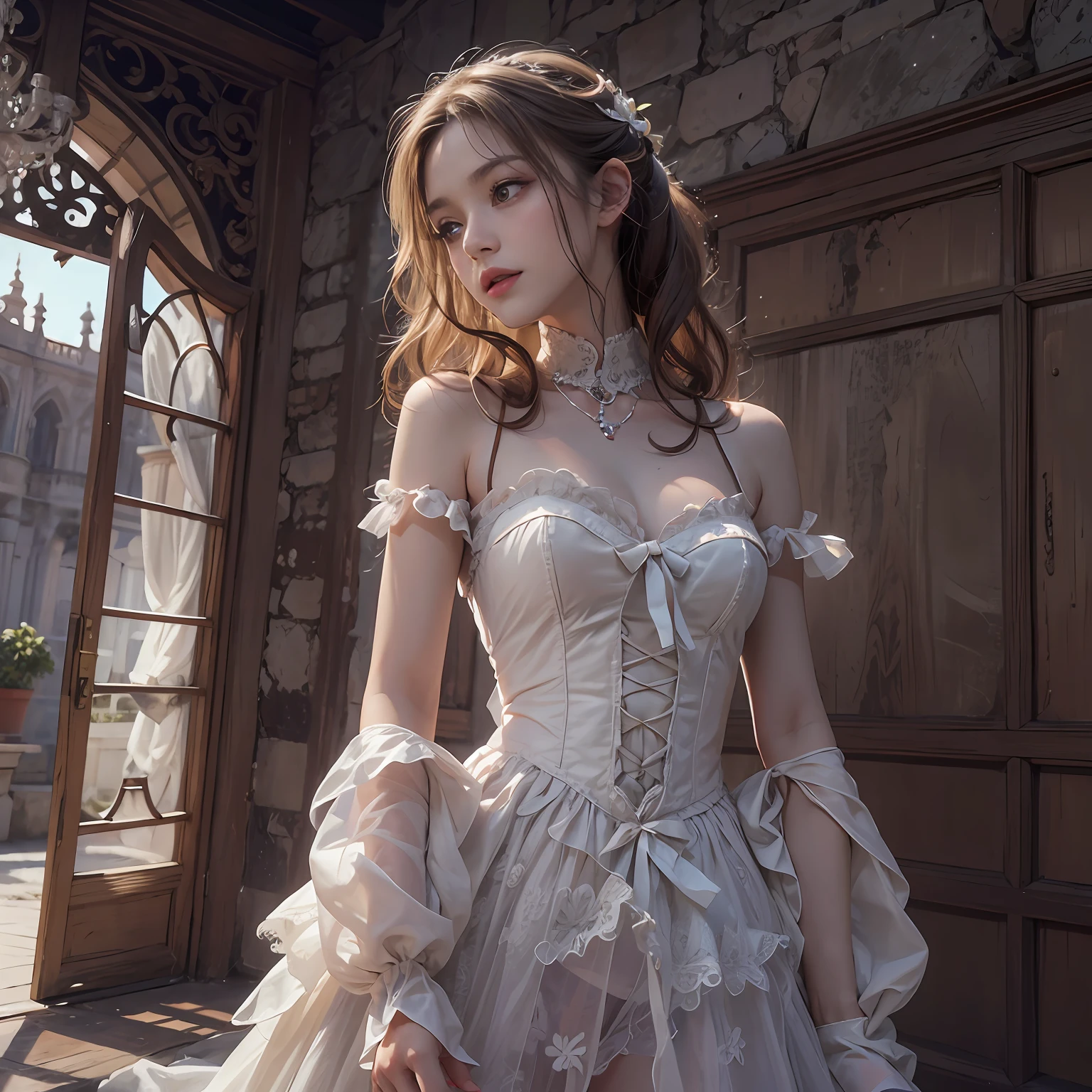 （8K， RAW photos， best qualtiy， tmasterpiece：1.2），（realisticlying， photograph realistic：1.4)
Lolita costume，Lace， Aerith Gainsborough， The upper part of the body， undergarments，exposed bare shoulders， do lado de fora， Old castle， high high quality， Adobe Lightroom， highdetailskin， looking at viewert，