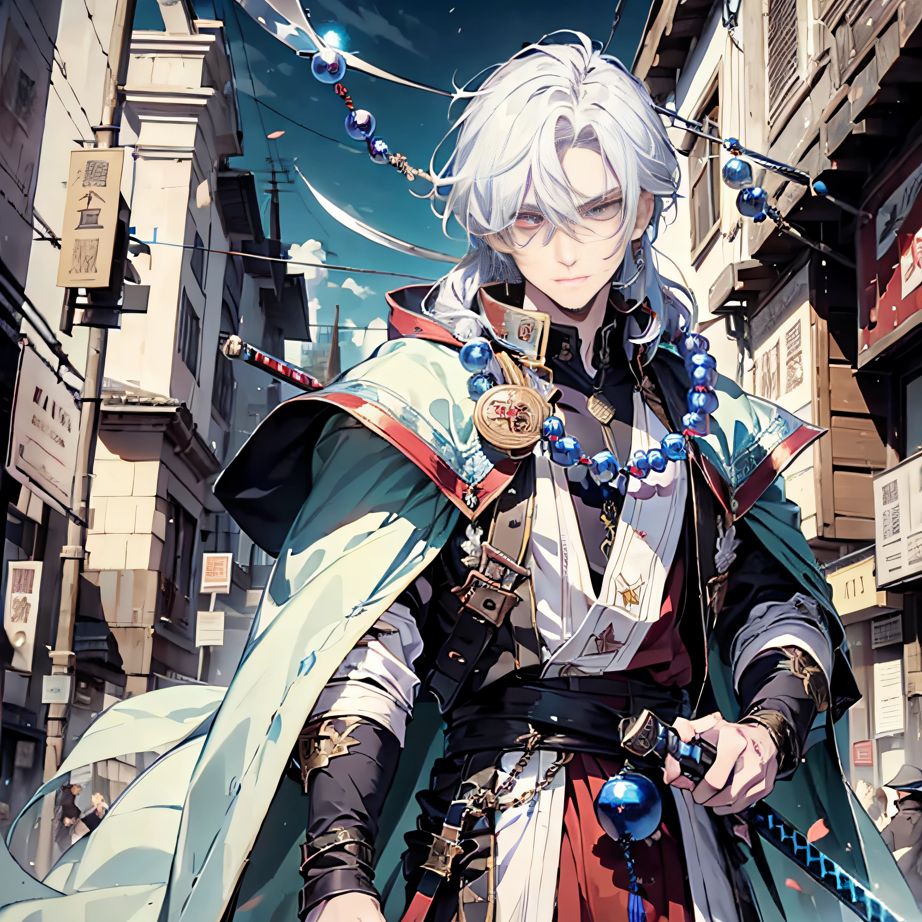 A group of men with swords,wielding,Holding a blue bead in his hand,Holding a blue bead in his hand,tmasterpiece, best qualtiy, 独奏, A boy with long white hair, red white robe, Handsome, Fine Eye, Fine Eye, finely eyes, Bright red eyes, Detailed face ruined city