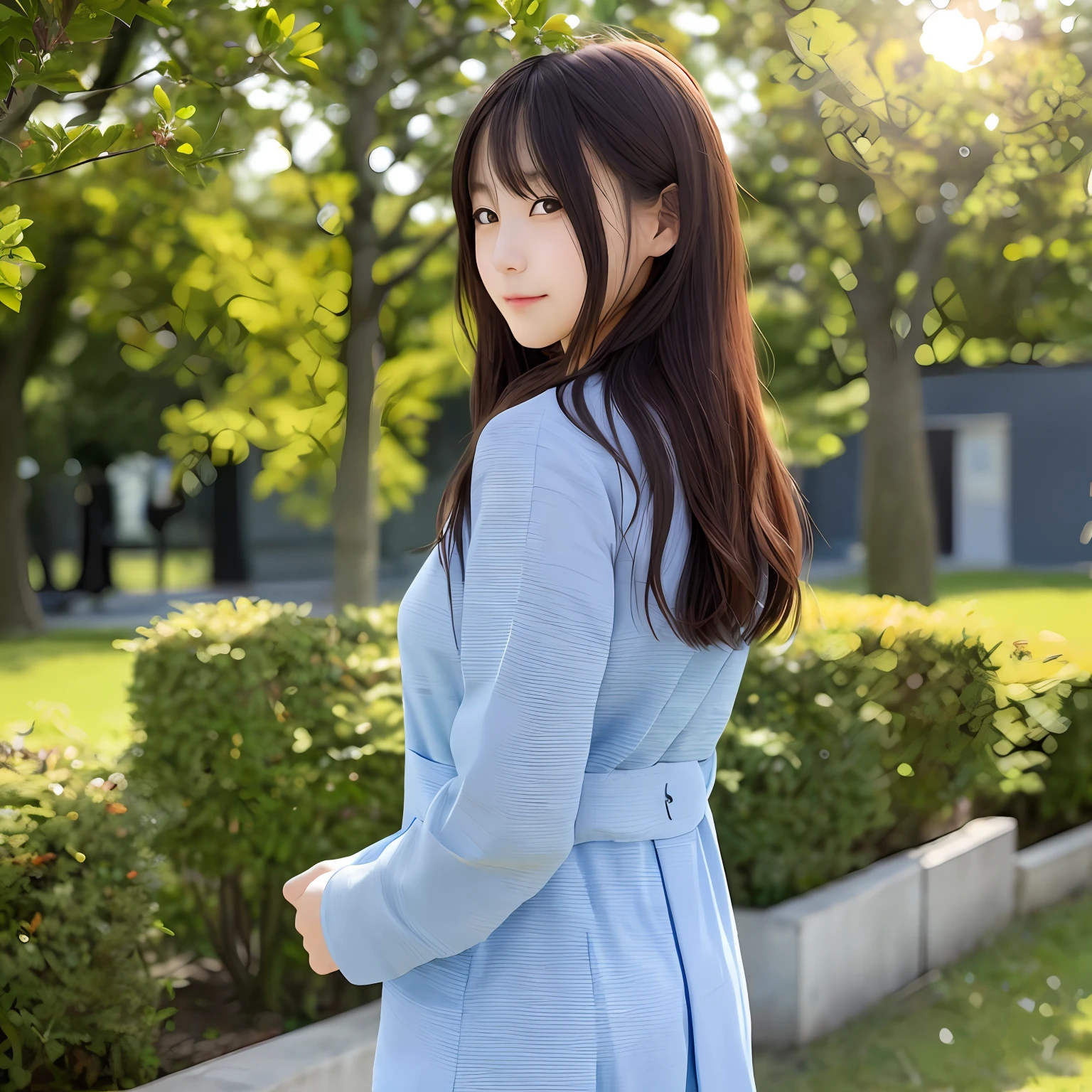 女の子1人、a matural female、Rear view、校服、a picture、realisticlying、top-quality、A detailed face、schools、Interparial、细致背景、Diffused sunlight、depth of fields、Bokeh