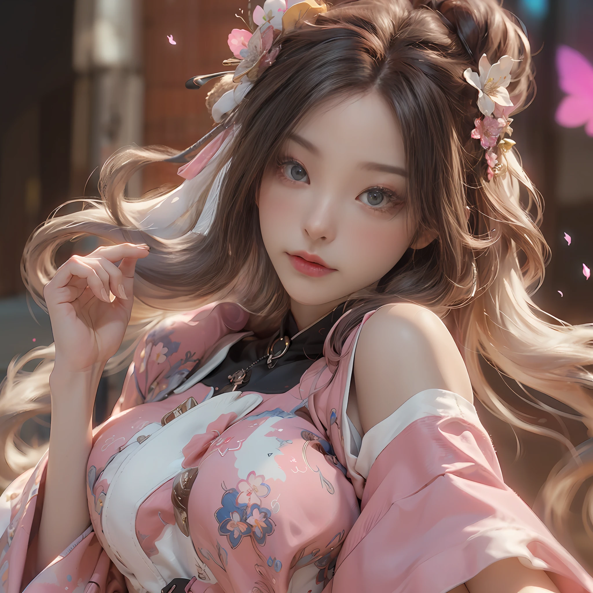 ((best qualtiy)), ((tmasterpiece)), (Detail:1.4), 3D, Beautiful cyberpunk female images,hdr(HighDynamicRange),Ray traching,NVIDIA RTX,Hyper-Resolution,illusory 5,sub surface scattering,PBR textures,post-proces,Anisotropy Filtering,depth of fields,maximum definition and sharpness,Many-Layer Textures,Albedo e mapas Speculares,Surface Coloring,Mitsu-Accurate simulation of material interactions,perfectly proportioned,rendering by octane,Two-colored light,largeaperture,Low ISO,White balance,Rule three points、8K raw data、beautiful bright pupils,off-the-shoulder clothes,Fine pupils,Delicate face and eyes,long eyelasher,Blushlush,Delicate and fluffy hair,pink lip,Pure,cute big breasts,Sweet girl,Artistic sense,Casual wear,Advancedsense,butterflys,Cherry blossom petal,Beautiful hair accessories,Long hair and waist,Hair fluttering in the wind