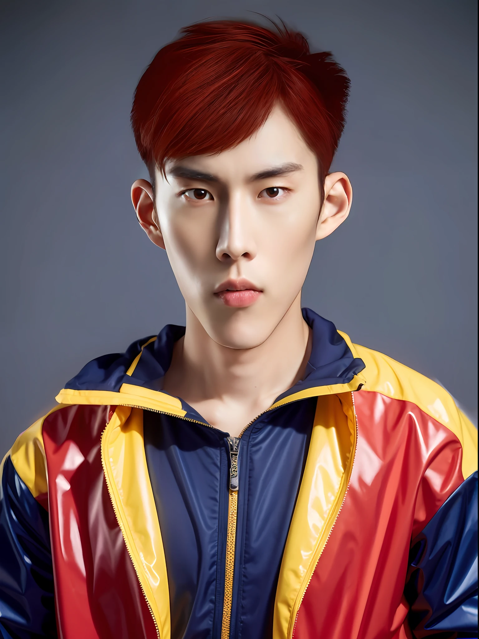 Chinese male high school student，Wearing PVC light blue tracksuit