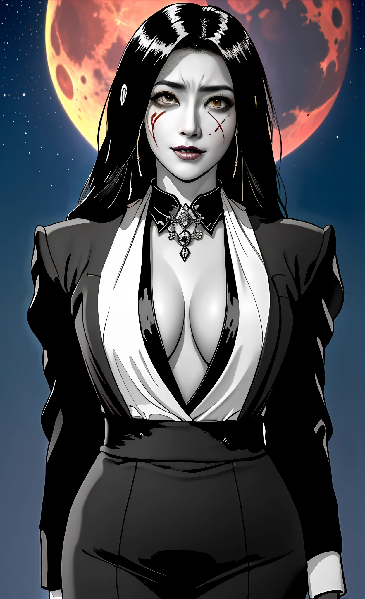 (beste-Qualit), (tmasterpiece), (Gloomy color scheme:1.5), ((Close-up of a girl in a suit)), 1girl in costume, androgynous vampire, junji ito 4 k, with long dark hair, ito junji art, style of junji ito, Dark Costume, portrait of sadako of the ring, Gentle androgynous princess , Beautiful androgynous princess , with her long black hair, girl in suit, stocklings, (big yellow eyes:1.3), fangs, detailing, (generous cleavage), Burst breasts, extra high resolution, 8K, (The blood on her lips runs down her neck), (Lovely Medium Breasts), perfect anatomy, (Gloomy color scheme:1.5), (shapely body), Microthongs, Beautiful slender legs, sexypose, (Hands Behind Your Back:1.2), (Looking down), (The gaze is directed downwards), (Night Sky Background: Red Moon)