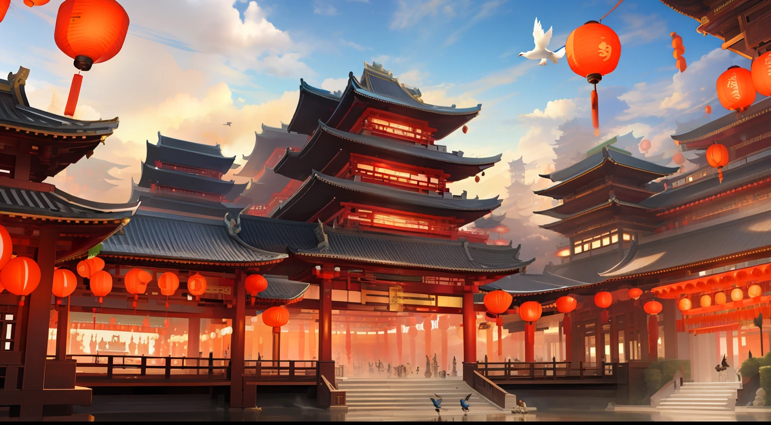 buliding， east asian architecture，Ancient court，Luxury， scenecy， Lanterns， pagoda， exteriors， Skysky， paper lanterns， ​​clouds， The bird， build， The tree， standing on your feet， mont， bru， halter， Multiple boys， daysies， tmasterpiece， Best quality at best，