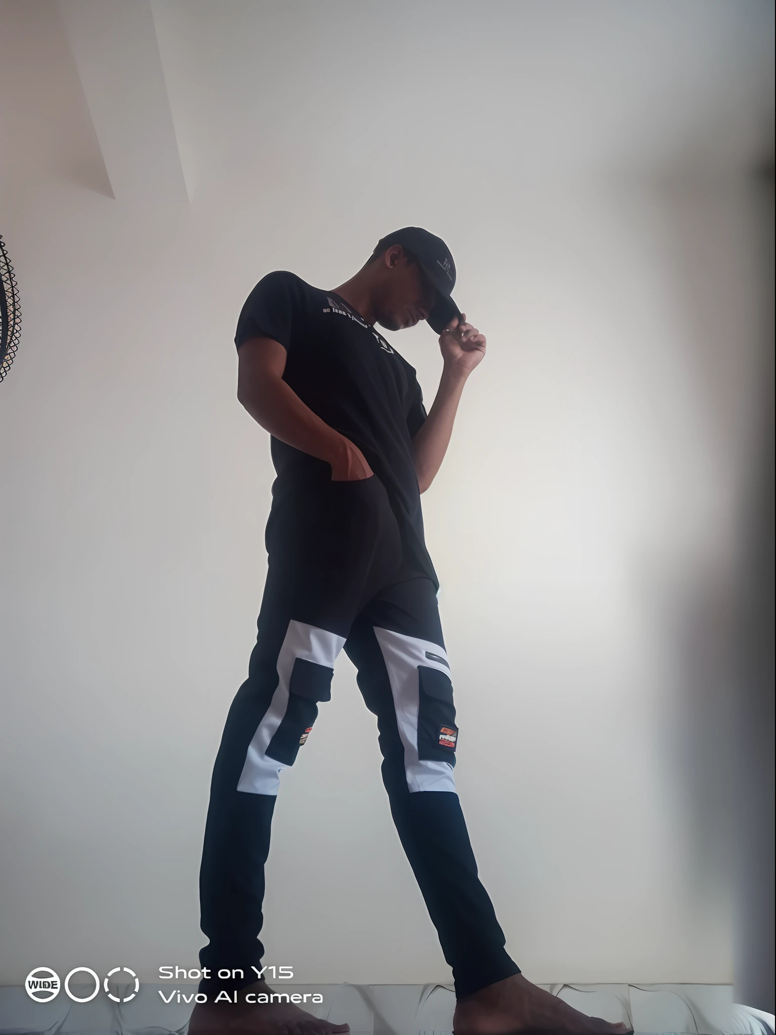 there is a man standing on a bed talking on a cell phone, full body action pose, full body!! dynamic pose, shooting pose, in an action pose, cool pose, very cool pose, distorted pose, intimidating pose, fully body pose, dramatic standing pose, posing ready for a fight, various pose, full body picture, fight pose, Chang into robat and Nature background