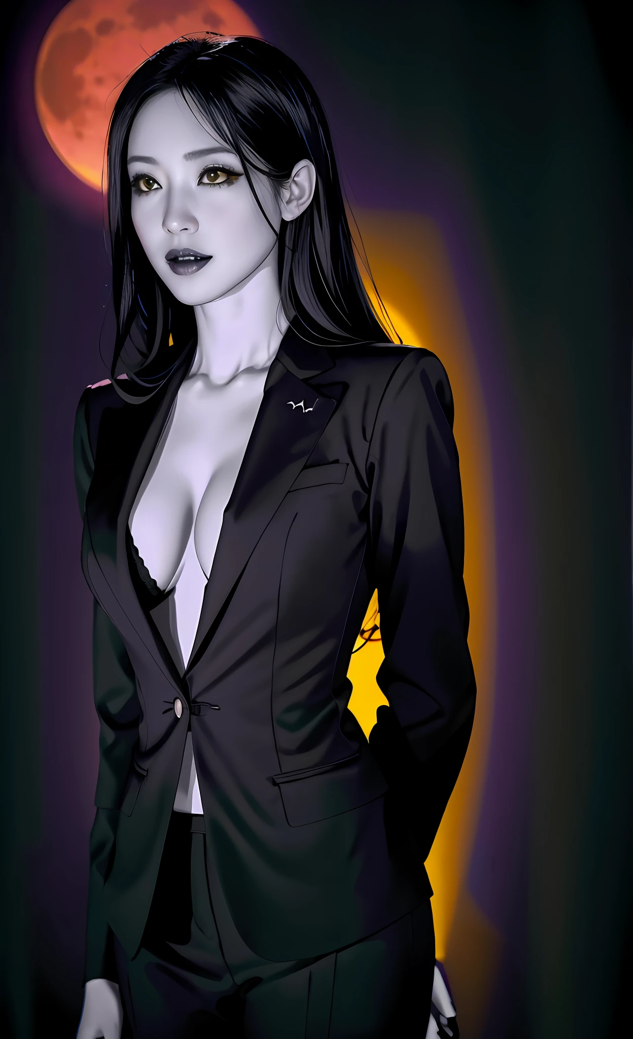 (beste-Qualit), (tmasterpiece), (Gloomy color scheme:1.5), ((Close-up of a girl in a suit)), 1girl in costume, androgynous vampire, junji ito 4 k, with long dark hair, ito junji art, style of junji ito, Dark Costume, portrait of sadako of the ring, Gentle androgynous princess , Beautiful androgynous princess , with her long black hair, girl in suit, stocklings, (big yellow eyes:1.3), fangs, detailing, (generous cleavage), Burst breasts, extra high resolution, 8K, (The blood on her lips runs down her neck), (Lovely Medium Breasts), perfect anatomy, (Gloomy color scheme:1.5), (shapely body), Microthongs, Beautiful slender legs, sexypose, (Hands Behind Your Back:1.2), (Looking down), (The gaze is directed downwards), (Night Sky Background: Red Moon)