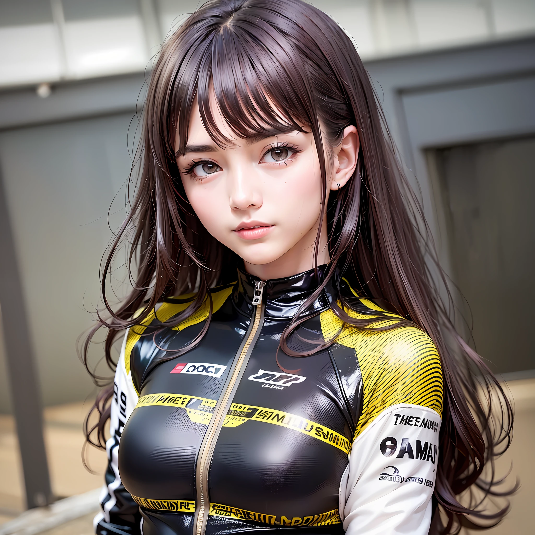 Highly detailed body、Middle hair、Lightly wavy hair、Weeping bangs、A dark-haired、beautiful detailed hair、Delicate beautiful face、seducting smile、beautifully detailed eyes、Authentic skin texture)、((Yellow racing suit, Latex)）、to stand、Very detailed 8k wallpaper、very precise details、（1womanl、middlebreasts:1.3、Constriction、20yr old、A MILF、Symmetrical face、eyes light）、（Narrow-eyed、eye liner、red blush、Black eyes）alluring face、perfectbody、japanes, glistning skin、high gloss skin、Professional Lighting、full body Esbian、the hair flutters with the wind、A smile、Walk on a racing track、facing straight at viewer、Do not put shadows on the face、