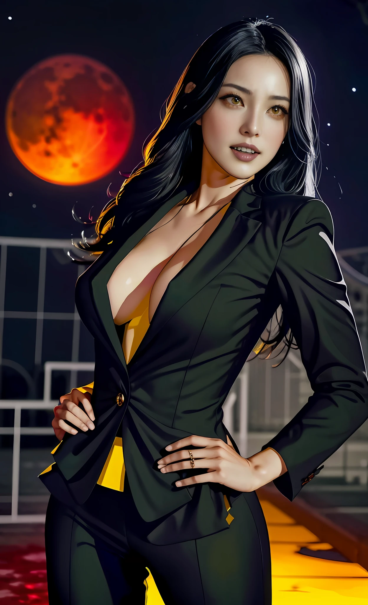 (beste-Qualit), (tmasterpiece), (Gloomy color scheme:1.5), ((Close-up of a girl in a suit)), 1girl in costume, androgynous vampire, junji ito 4 k, with long dark hair, ito junji art, style of junji ito, Dark Costume, portrait of sadako of the ring, Gentle androgynous princess , Beautiful androgynous princess , with her long black hair, girl in suit, stocklings, (big yellow eyes:1.3), fangs, detailing, (generous cleavage), Burst breasts, extra high resolution, 8K, (The blood on her lips runs down her neck), (Lovely Medium Breasts), perfect anatomy, (Gloomy color scheme:1.5), (shapely body), Microthongs, Beautiful slender legs, sexypose, (Hands Behind Your Back:1.2), (Looking down), (The gaze is directed downwards), (Night Sky Background: Red Moon)
