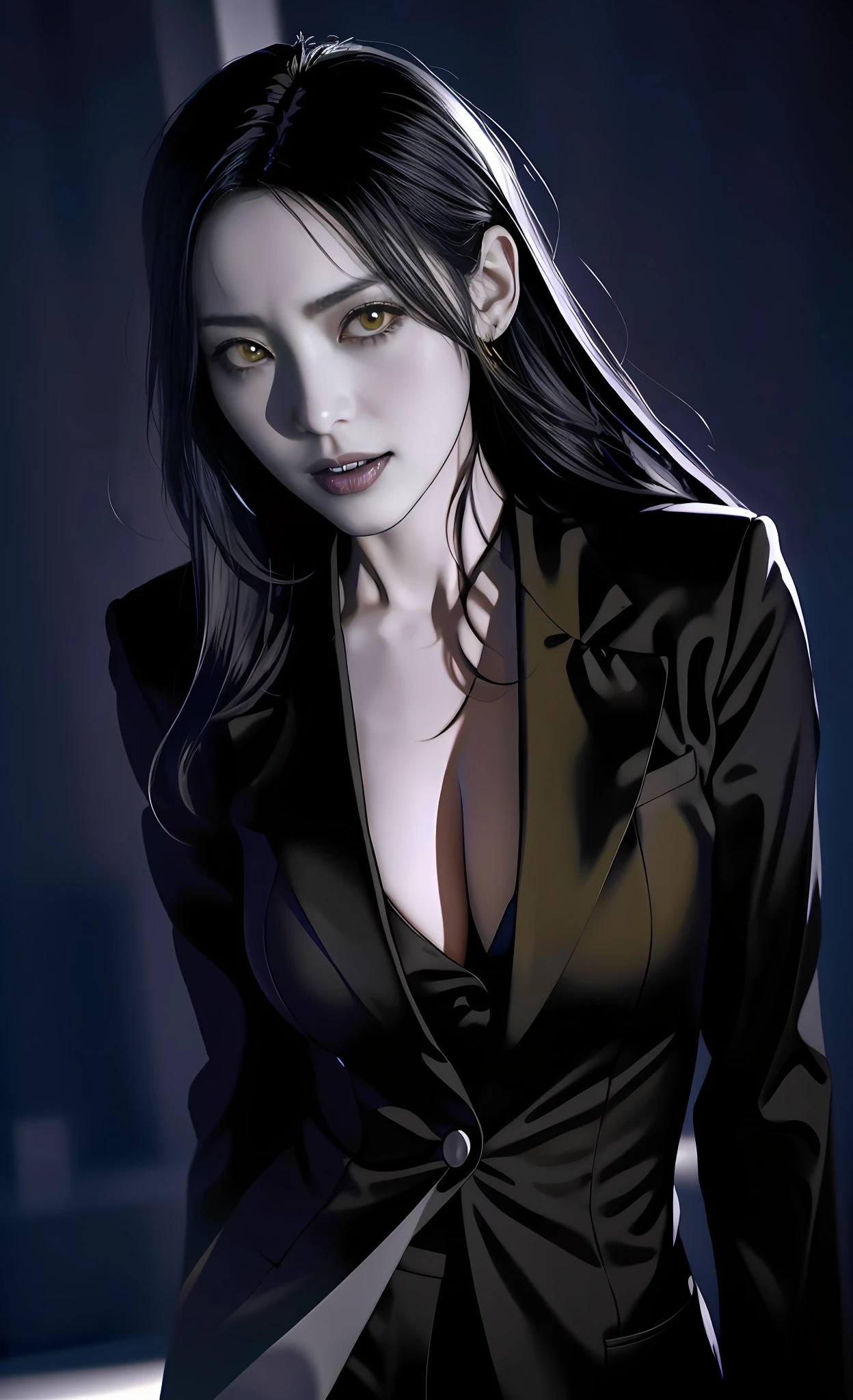 (beste-Qualit), (tmasterpiece), (Gloomy color scheme:1.5), ((Close-up of a girl in a suit)), 1girl in costume, androgynous vampire, junji ito 4 k, with long dark hair, ito junji art, style of junji ito, Dark Costume, portrait of sadako of the ring, Gentle androgynous princess , Beautiful androgynous princess , with her long black hair, girl in suit, stocklings, (big yellow eyes:1.3), fangs, detailing, (generous cleavage), Burst breasts, extra high resolution, 8K, (The blood on her lips runs down her neck), (Lovely Medium Breasts), perfect anatomy, (Gloomy color scheme:1.5), (shapely body), Microthongs, Beautiful slender legs, sexypose, (Hands Behind Your Back:1.2), (Looking down), (The gaze is directed downwards), (Night Sky Background: Red Moon)