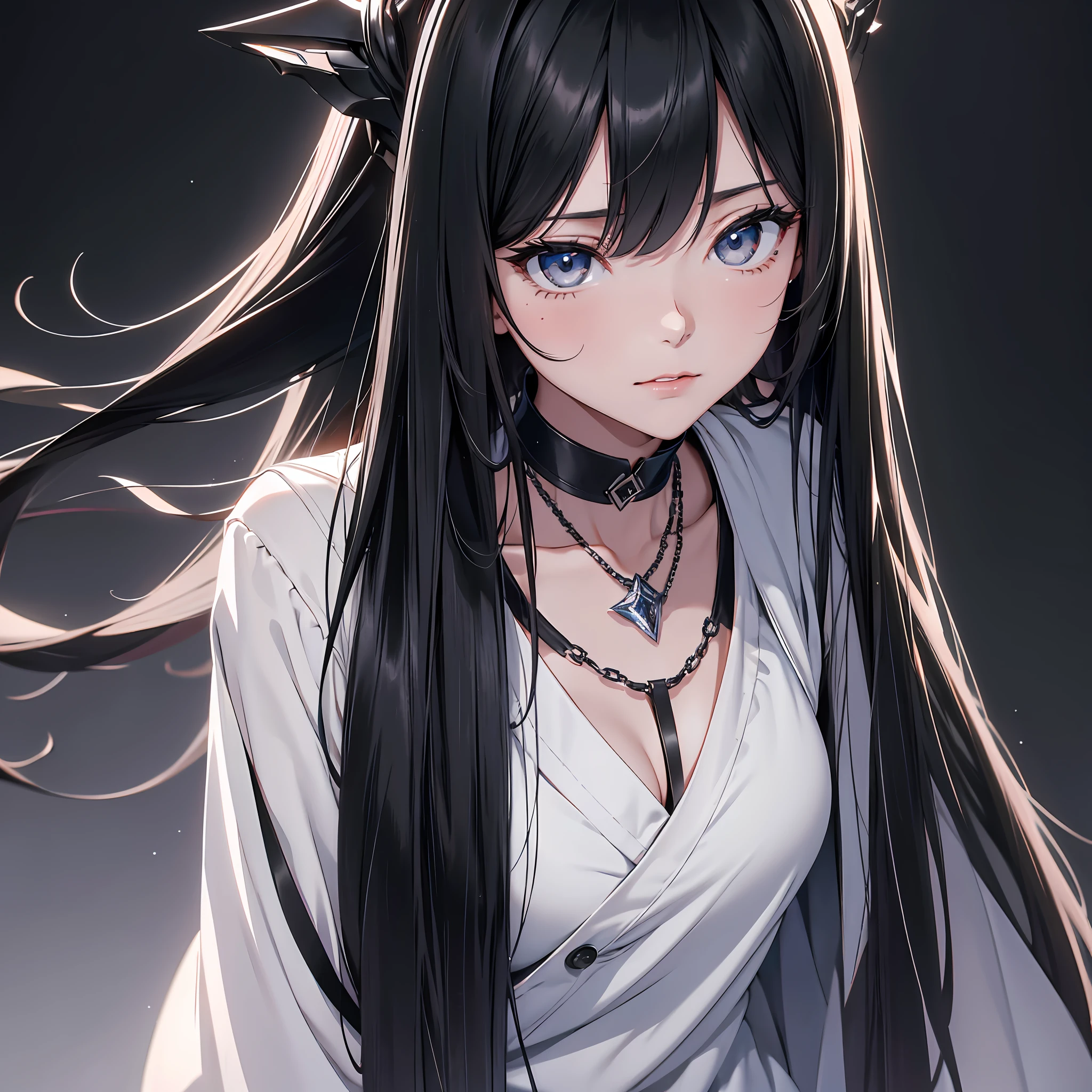 Cute adult girl standing, girl focus, (Full body close-up), ((Plain black background)), pokerface, upright immovable, (1girl in:1.3), Bangs, a necklace, facing front, （black cloth ), Crystal gray Eyes, slender, masterful technique, Long hair, animetic, Solo, bright black hair, Masterpiece, ultra detail, [wide-hips], Beautiful Girl, (Detail Face), detail hands, ultra detail eyes, nothing face emotion, Beautiful eyes, hair over shoulder, mole under eye, symmetry, Super Detail, High quality, 8k