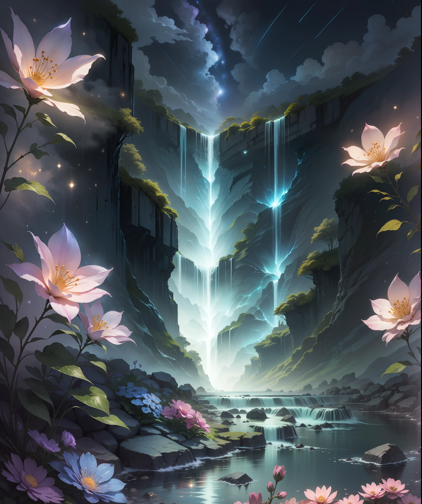 Bioluminescent waterfall,Various flowers bloom,A beautiful starry sky shines in the tranquil night sky。