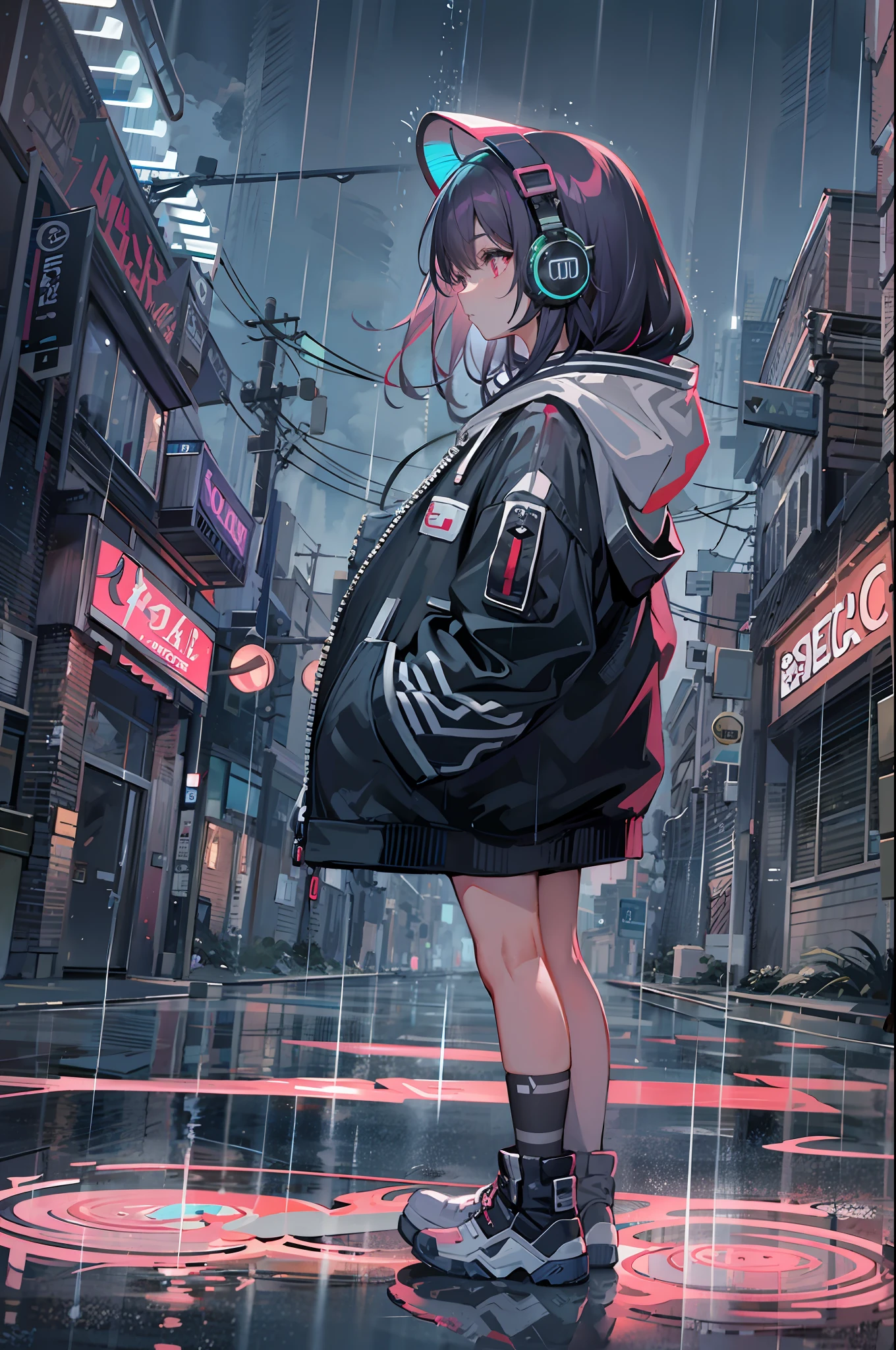 masterpiece, girl alone, solo, incredibly absurd, hoodie, headphones, street, outdoor, rain, neon,