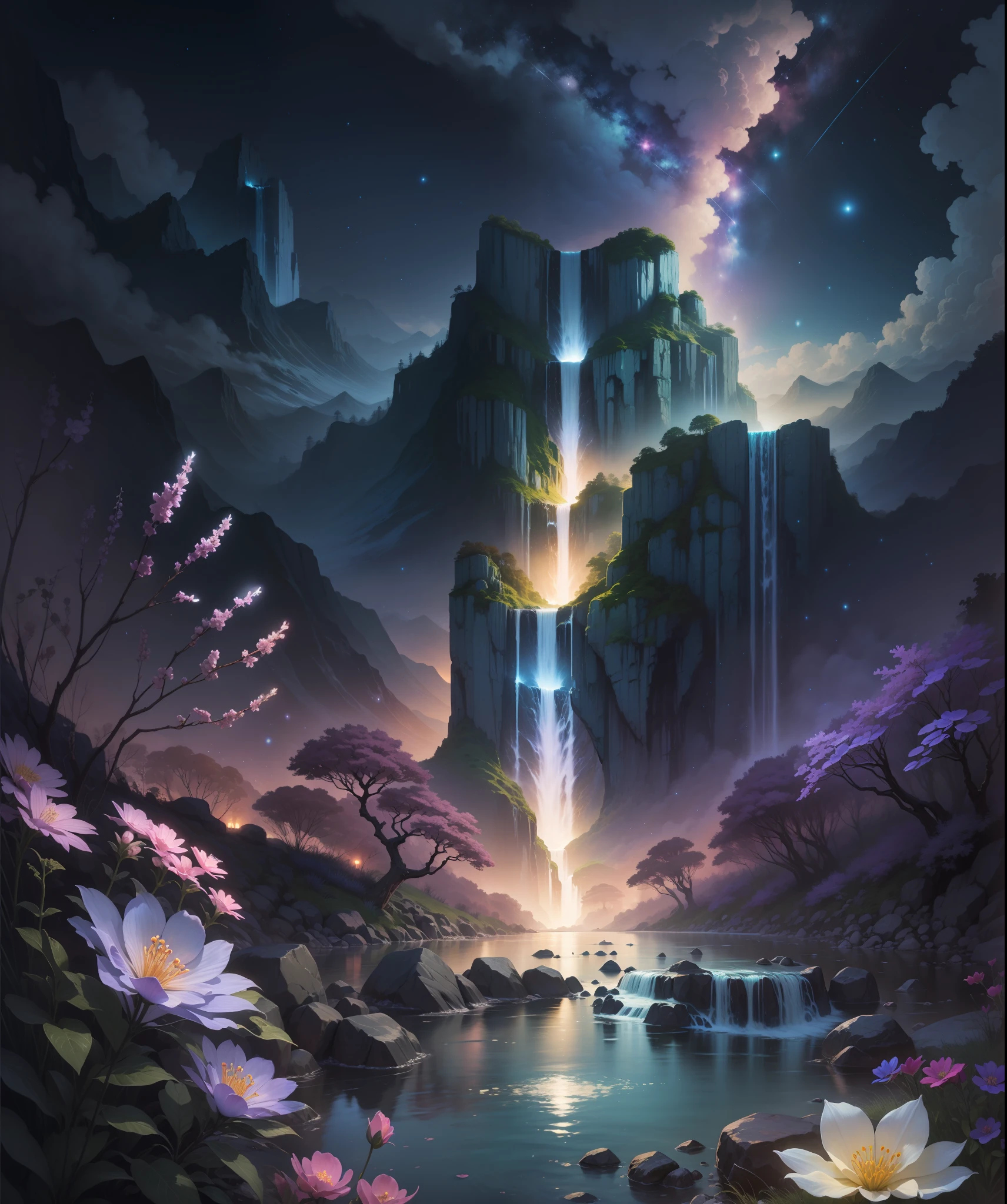 bioluminescent waterfall,Various flowers bloom,Beautiful starry sky shining in the tranquil night sky。