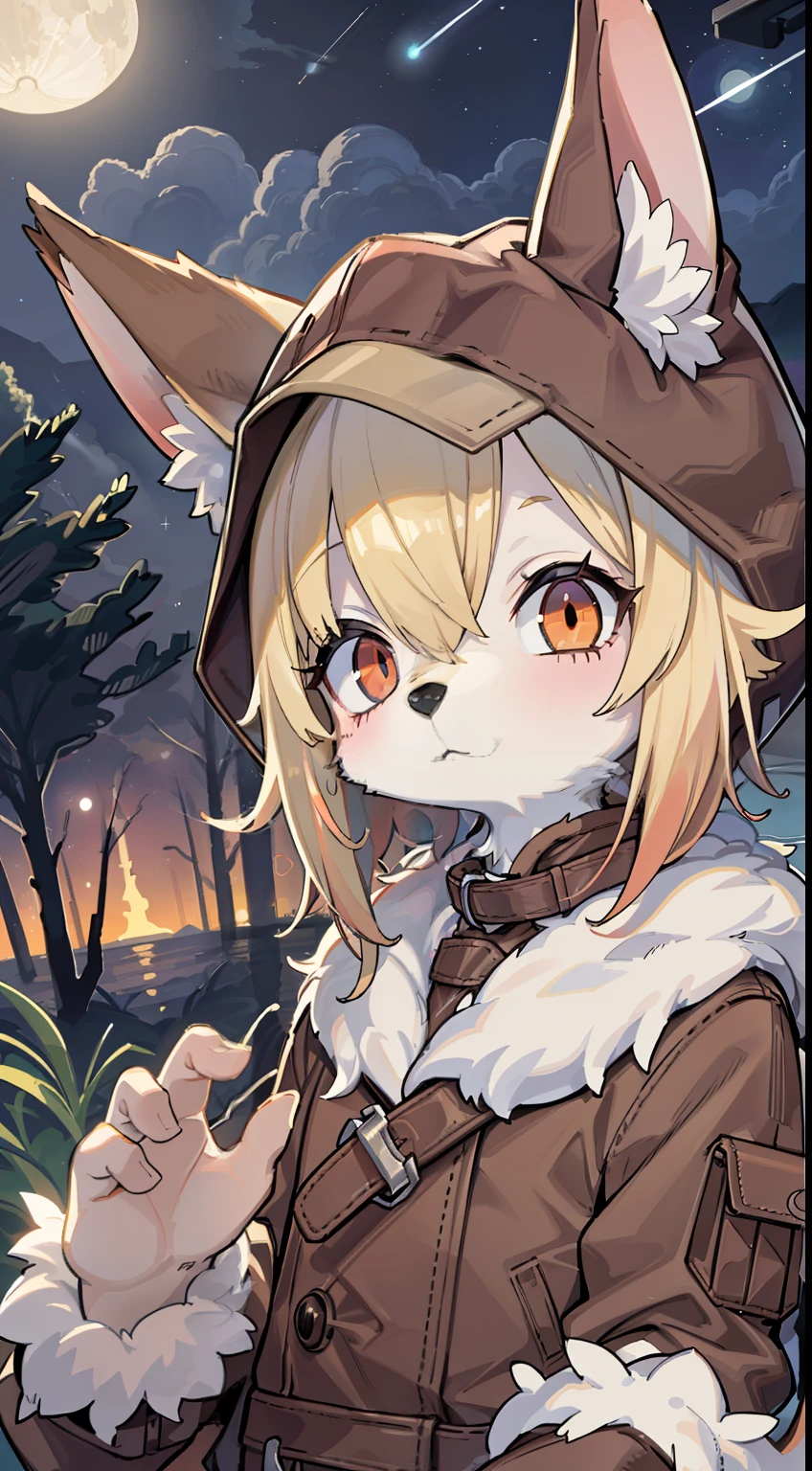 Fox Boy，Shota，hairy pubic，shaggy，Skin fur，Golden fur，Golden yellow face fur,Short straight blonde hair，Eyes have light，Red eyes，Brown elements on fur，Brown coat brown hood up，Star pattern white top，brown trousers，Beautiful lights and shadows，Ambient light，Ultra-fine fur，volumettic light，Night,natural  lightting，Fluffy tail，Night，starrysky，Vast landscape，crossed bangs, Hairline, Shiny hair, lone nape hair, ，Dilated pupils，Sleepy，（moon full：1.2），（meteors：0.9），（Starcloud：1.3），seawall（Warm light source：1.2），（glowworm：1.2）， Purple and orange，Complicated details，Volumetriclighting，Realist breakthrough（tmasterpiece：1.2）（best qualtiy），4K，Ultra-delicate，（Dynamic configuration：1.4），Highly detailed and colorful details，（Irridescent color ：1.2），（luminouslighting，Atmospheric lighting），dream magical，magic，（独奏：1.2）Glowing light,Empty eyes, partial underwater shot