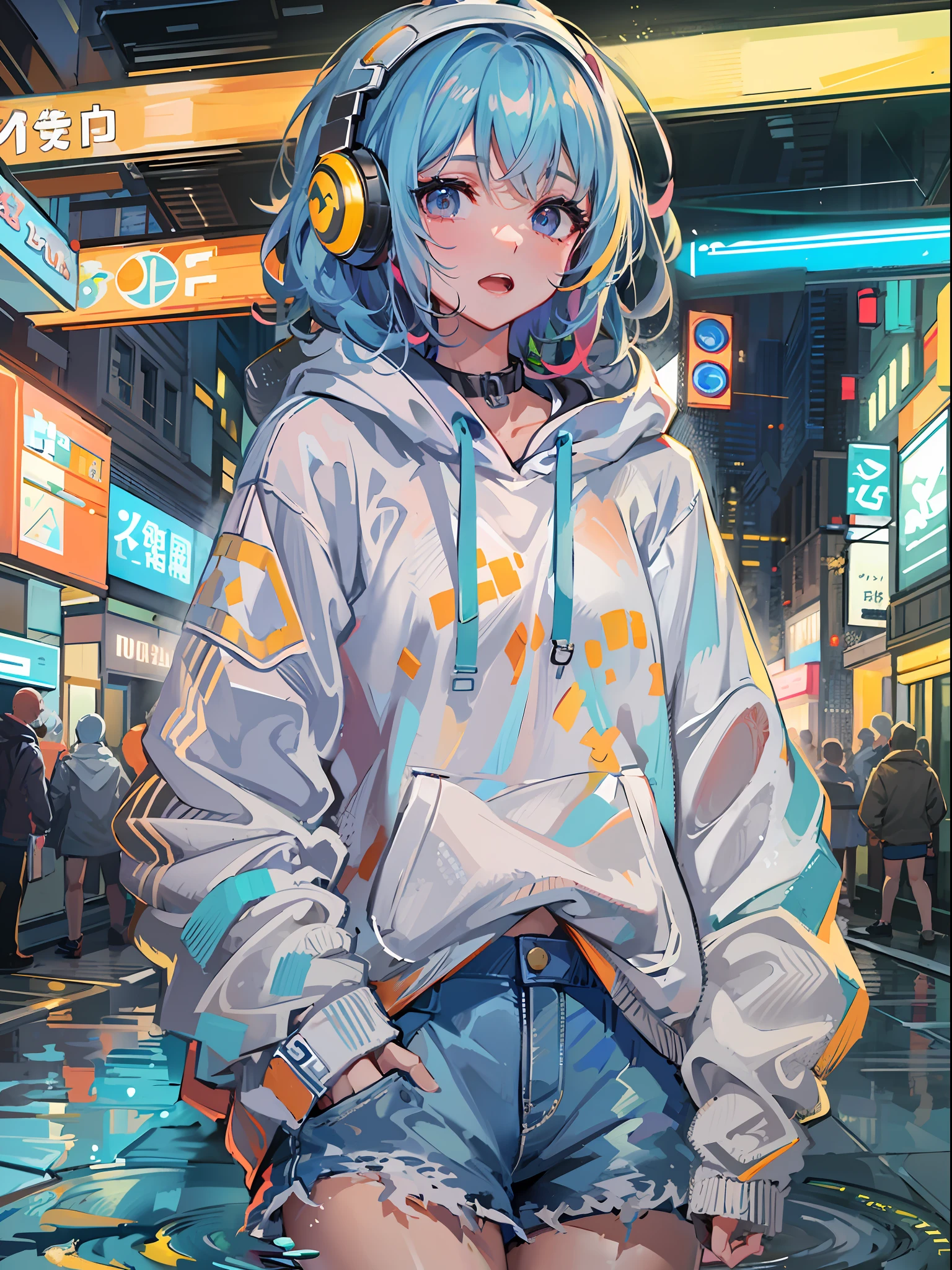 8K分辨率、((top-quality))、((masterpiece))、((ultra-detailliert))、1 woman、独奏、incredibly absurdness、Oversized hoodies、headphones、Street、plein air、Sateen、neons、Shortcut Hair、Brightly colored eyes、Hands in pockets、shortpants、water dripping