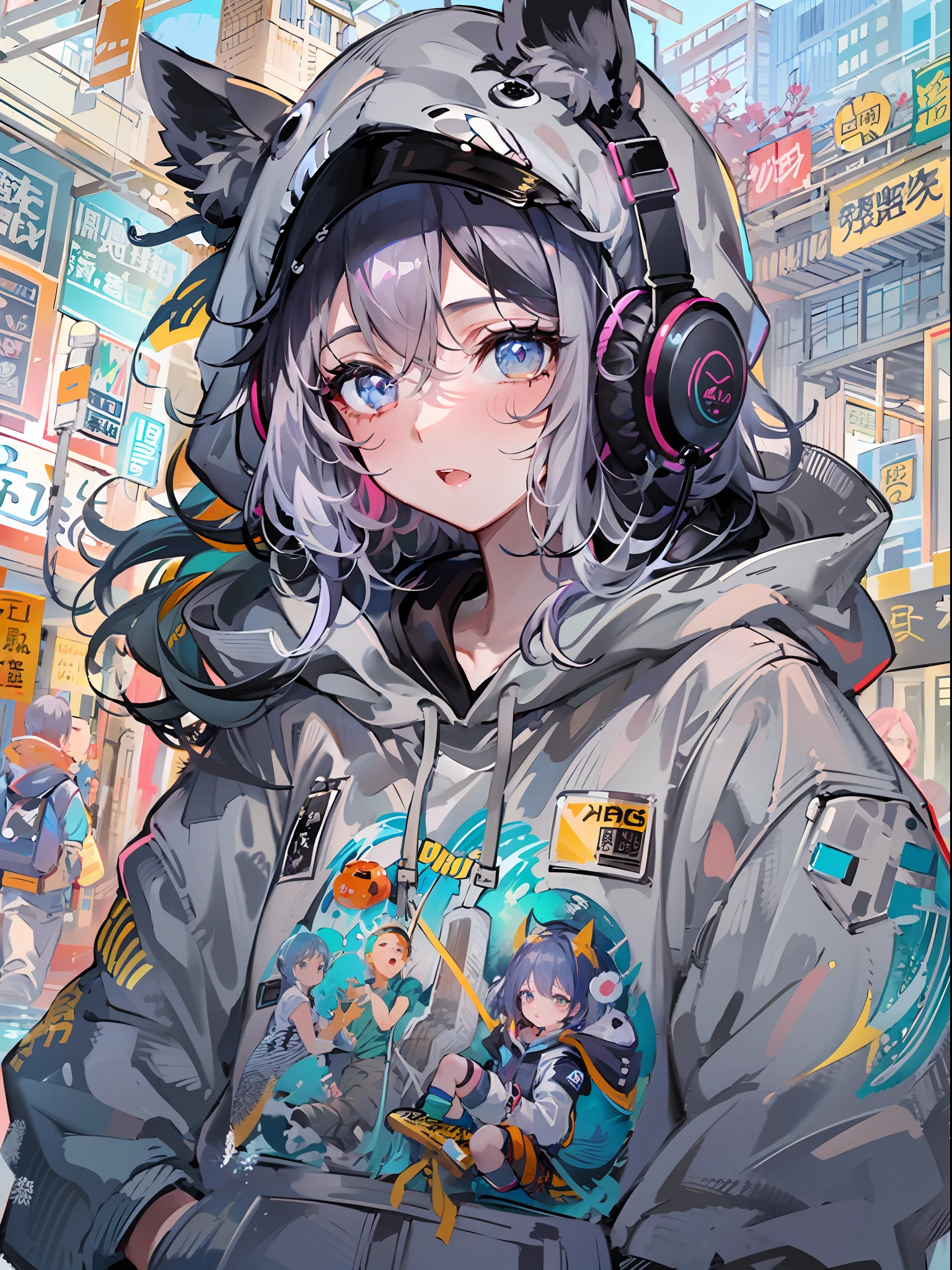 8K分辨率、((top-quality))、((​masterpiece))、((ultra-detailliert))、1 woman、独奏、incredibly absurdness、Oversized hoodies、headphones、Street、plein air、Sateen、neons、Shortcut Hair、Brightly colored eyes、Hands in pockets、shortpants、water dripping