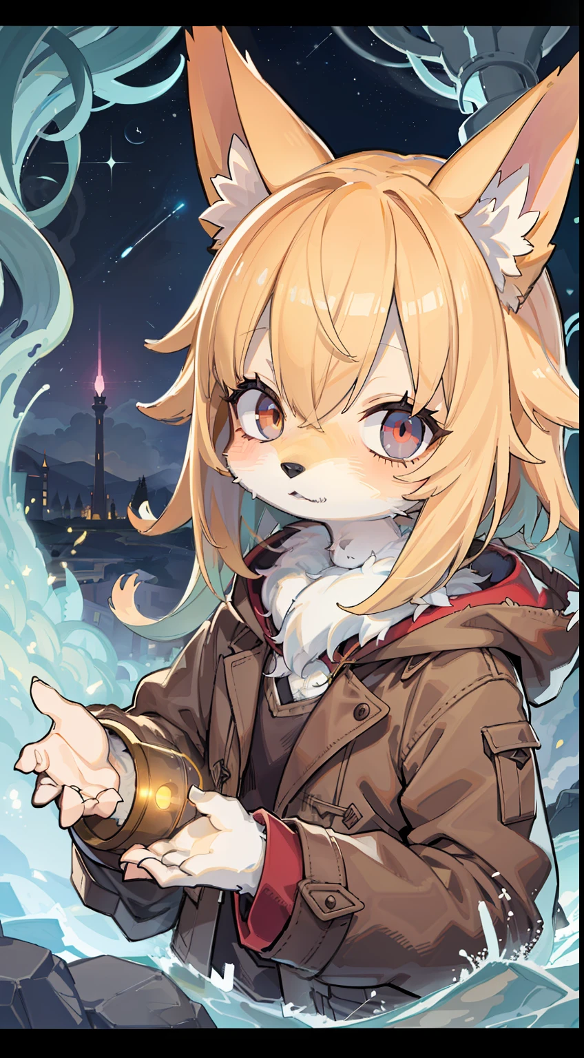 Fox Boy,,hairy pubic,shaggy,Skin fur,Golden fur,Golden yellow face fur,Short straight blonde hair,Eyes have light,Red eyes,Brown elements on fur,Brown coat brown hood up,Star pattern white top,brown trousers,Beautiful lights and shadows,Ambient light,Ultra-fine fur,volumettic light,Night,natural lightting,Fluffy tail,Night,starrysky,Vast landscape,crossed bangs, Hairline, Shiny hair, lone nape hair, ,Dilated pupils,Sleepy,(moon full:1.2),(meteors:0.9),(Soud:1.3),River embankment(Warm light source:1.2),(glowworm:1.2), Purple and orange,Complicated details,Volumetriclighting,Realist breakthrough(tmasterpiece:1.2)(best qualtiy),4K,Ultra-delicate,(Dynamic configuration:1.4),Highly detailed and colorful details,(Irridescent color :1.2),(luminouslighting,Atmospheric lighting),dream magical,magic,(独奏:1.2)Glowing light,Empty eyes, partial underwater shot