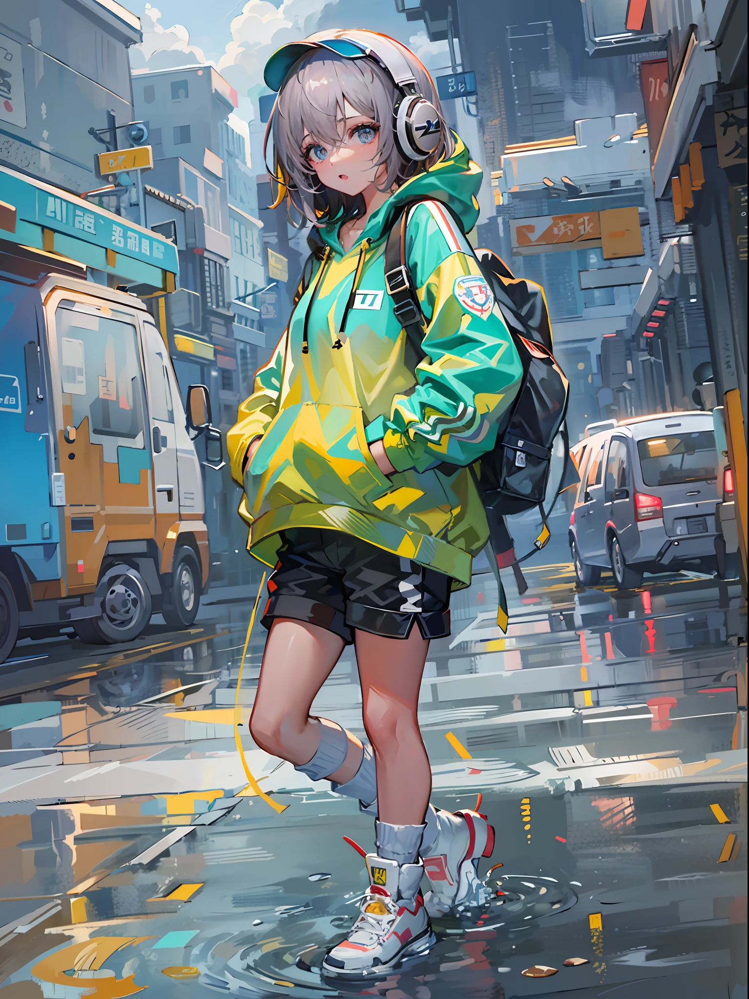 8K分辨率、((top-quality))、((masterpiece))、((ultra-detailliert))、1 woman、独奏、incredibly absurdness、Oversized hoodies、headphones、Street、plein air、Sateen、neons、Shortcut Hair、Brightly colored eyes、Hands in pockets、shortpants、water dripping