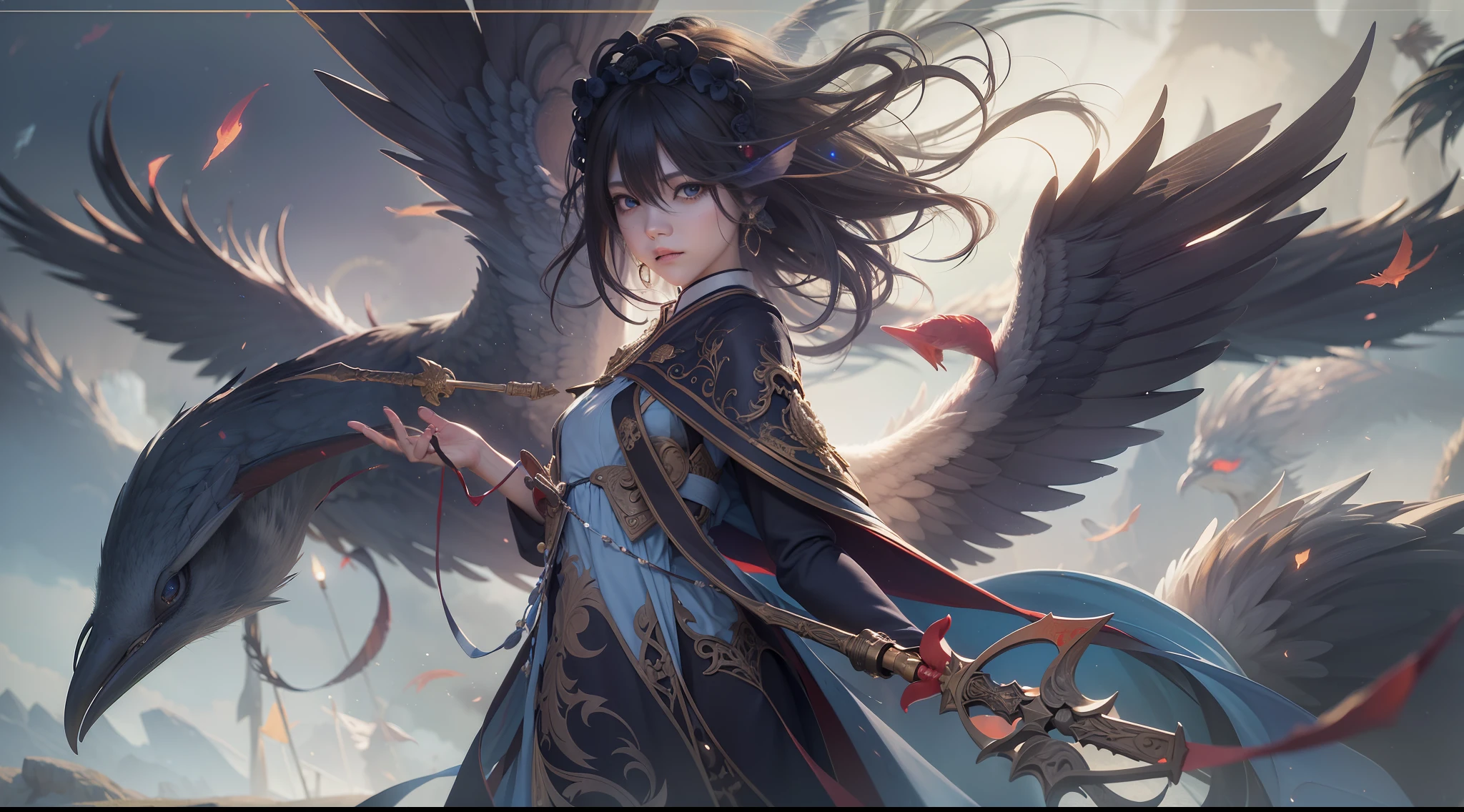 Magic Book,Blood,Night, Dark, (Fantasy),infinite,deep blue sky,The abyss of knowledge,Cowledge,((masutepiece)), (((Best Quality))),((Beautiful fine eyes)),(Eye lashes)、Beautiful girl riding phoenix、(1人)、Perfect human body structure、Black hair、The long-haired、abyss eyes、glowy skin、oils、small tits、(Bird body、pluma)、Wizard robes、tattered cloth、Realistic coat、Tee、elvish、Super delicate CG Unity 32k wallpaper、masterpiece, ((ultra-detailliert)), ((illustratio)),colourfull,wall-paper,The energy,Unknown terror,Incomprehensible,Around the magic,Magical surroundings,magic wands,Boken,Flying pages,Know everything,Predict the future、Get to know the past、Infinite wisdom、blue flames、Warlock、magic circles、Pentagram、Spells、mantra、Singing magic