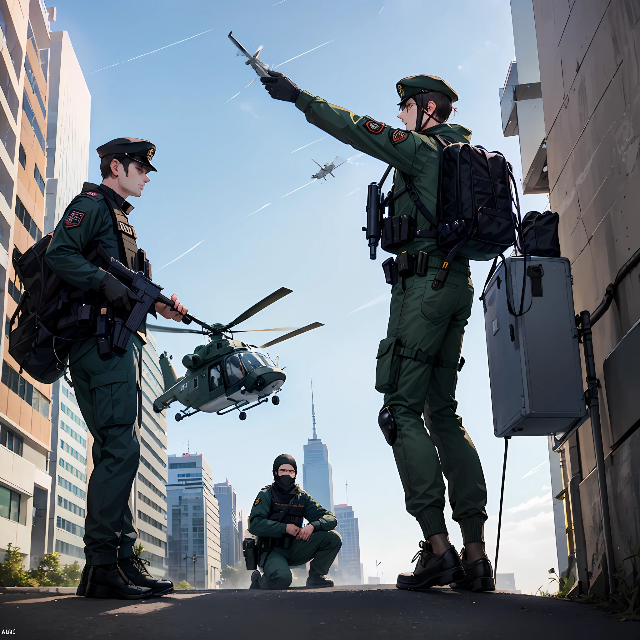 In the city,Black Hawk helicopter,Members of the counter-terrorism team rappel,Terrorists strike with air-to-air missiles --auto