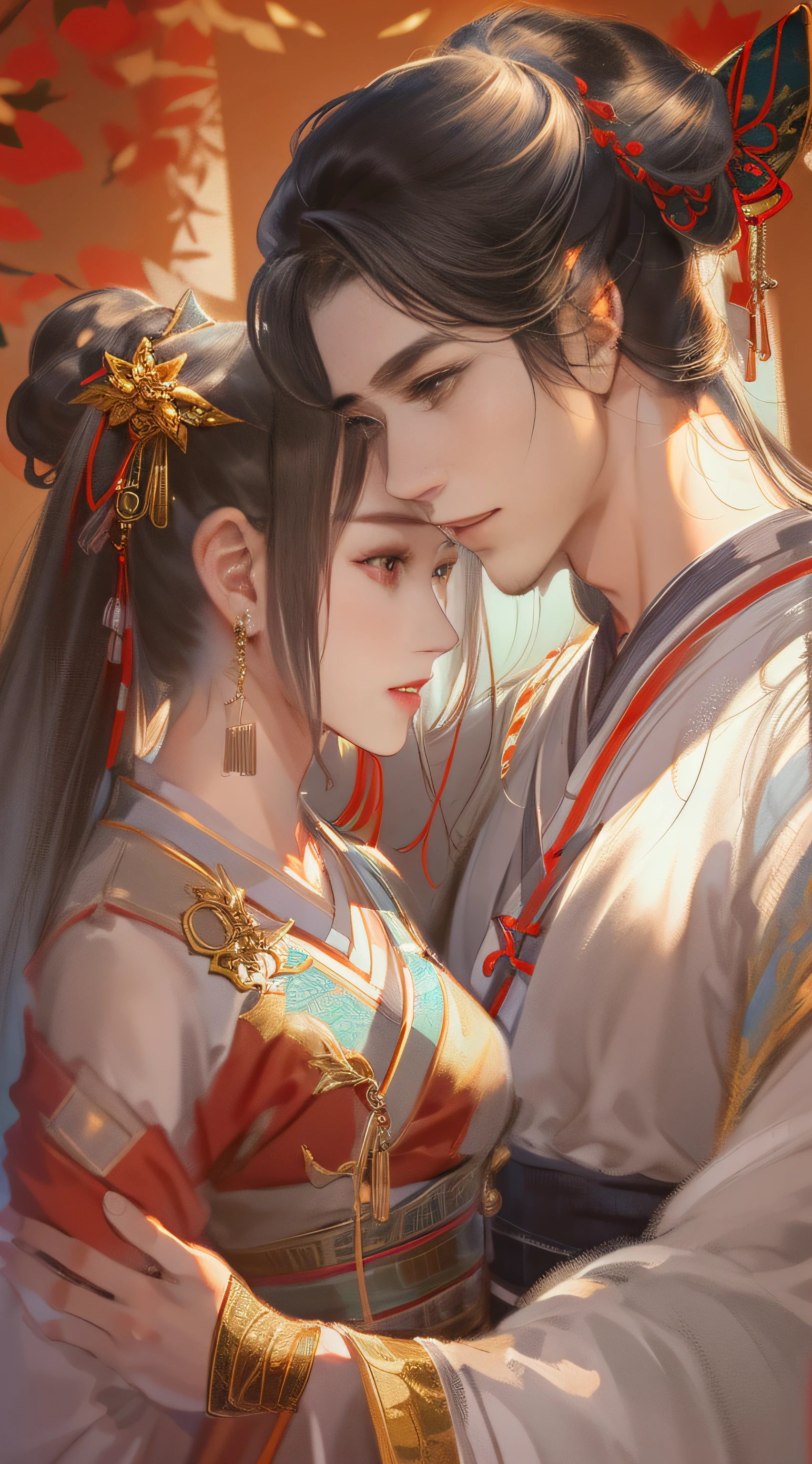 An ancient Chinese handsome boy and a beautiful girl, full body portrait, looking at each other, gentle eyes, clear facial features, wearing red Hanfu, kingly temperament, movie edge light, delicate light, masterpiece, super detailed, epic composition, super HD, high quality, highest quality, 32k