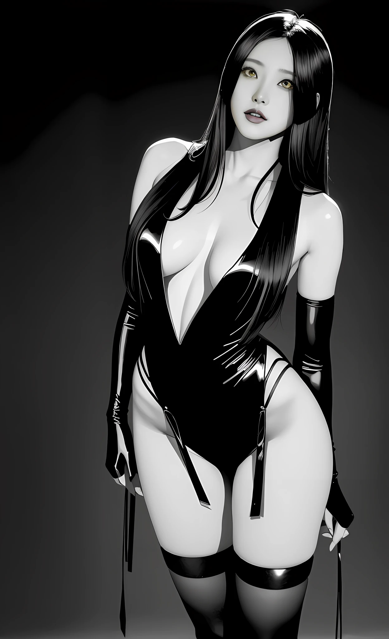(beste-Qualit), (tmasterpiece), (Gloomy color scheme:1.5), ((a closeup of a)), 1girl, androgynous vampire, junji ito 4 k, with long dark hair, ito junji art, style of junji ito, Dark Costume, portrait of sadako of the ring, Gentle androgynous princess , Beautiful androgynous princess , with her long black hair, Nude Girl, stocklings, (big yellow eyes:1.3), fangs, detailing, (generous cleavage), Burst breasts, extra high resolution, 8K, (The blood on her lips runs down her neck), (Lovely Medium Breasts), perfect anatomy, (Gloomy color scheme:1.5), (shapely body), Microthongs, Beautiful slender legs, sexypose, white socks, Short socks, (Hands Behind Your Back:1.2), (Looking down), (The gaze is directed downwards), (Night Sky Background: Red Moon)