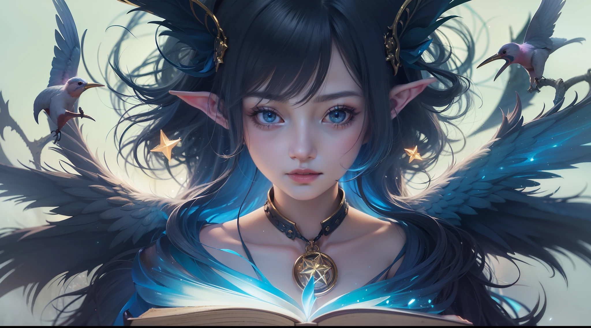 Magic Book,Blood,Night, Dark, (Fantasy),infinite,deep blue sky,The abyss of knowledge,Cowledge,((masutepiece)), (((Best Quality))),((Beautiful fine eyes)),(Eye lashes)、Beautiful girl riding phoenix、(1人)、Perfect human body structure、Black hair、The long-haired、abyss eyes、glowy skin、oils、small tits、(Bird body、pluma)、Wizard robes、tattered cloth、Realistic coat、Tee、elvish、Super delicate CG Unity 32k wallpaper、masterpiece, ((ultra-detailliert)), ((illustratio)),colourfull,wall-paper,The energy,Unknown terror,Incomprehensible,Around the magic,Magical surroundings,magic wands,Boken,Flying pages,Know everything,Predict the future、Get to know the past、Infinite wisdom、blue flames、Warlock、magic circles、Pentagram、Spells、mantra、Singing magic