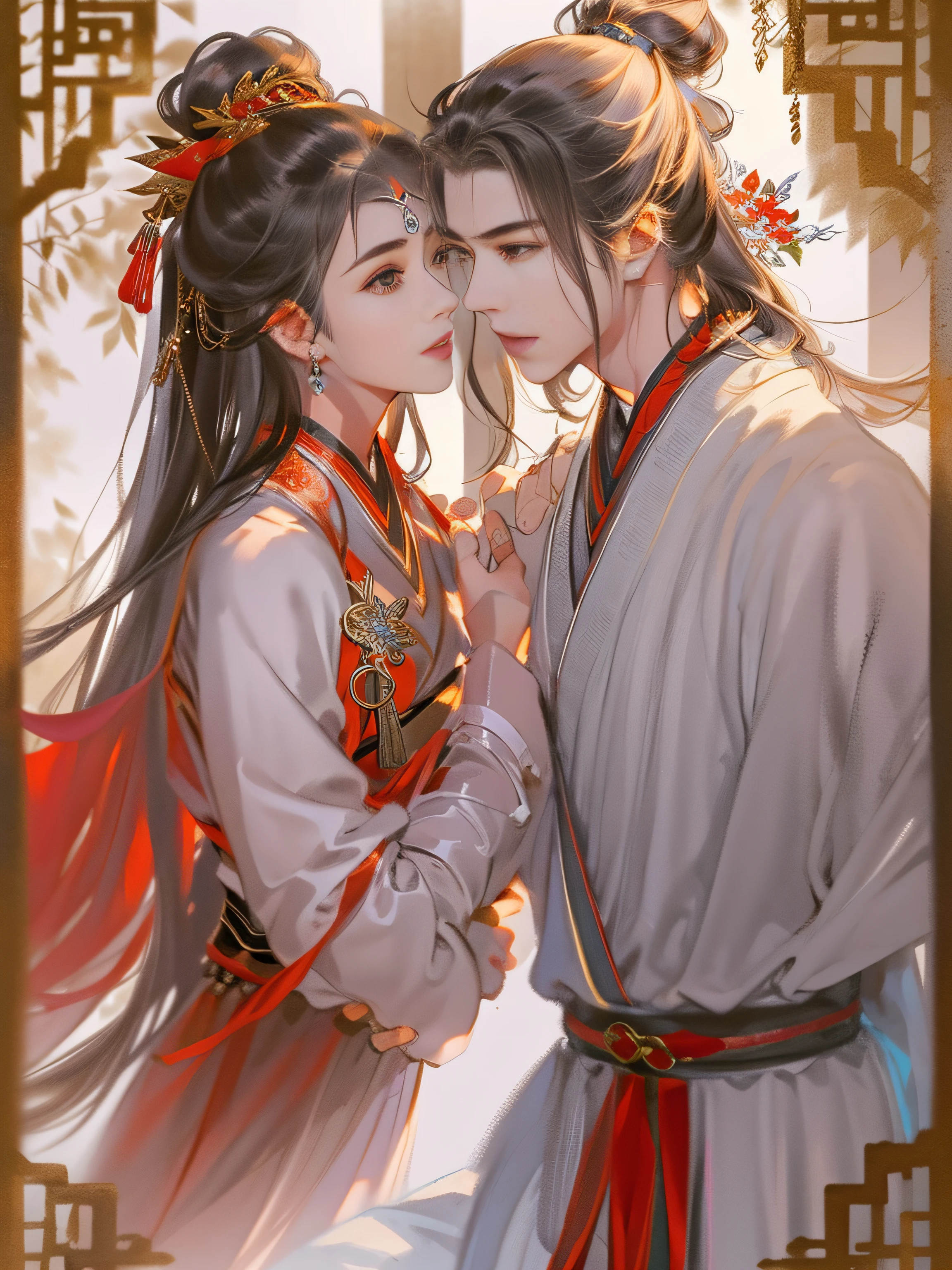 An ancient Chinese handsome boy and a beautiful girl, full body portrait, looking at each other, gentle eyes, clear facial features, wearing red Hanfu, kingly temperament, movie edge light, delicate light, masterpiece, super detailed, epic composition, super HD, high quality, highest quality, 32k