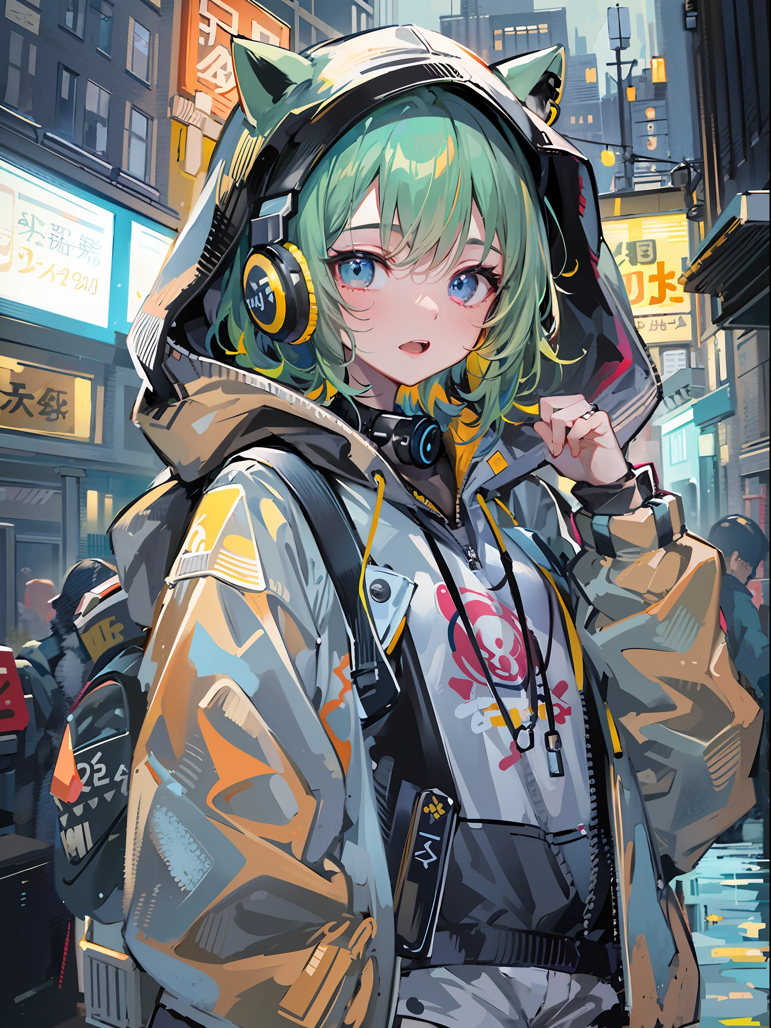 8K分辨率、((top-quality))、((masterpiece))、((ultra-detailliert))、1 woman、独奏、incredibly absurdness、Oversized hoodies、headphones、Street、plein air、Sateen、neons、Shortcut Hair、Brightly colored eyes、Hands in pockets、shortpants、water dripping