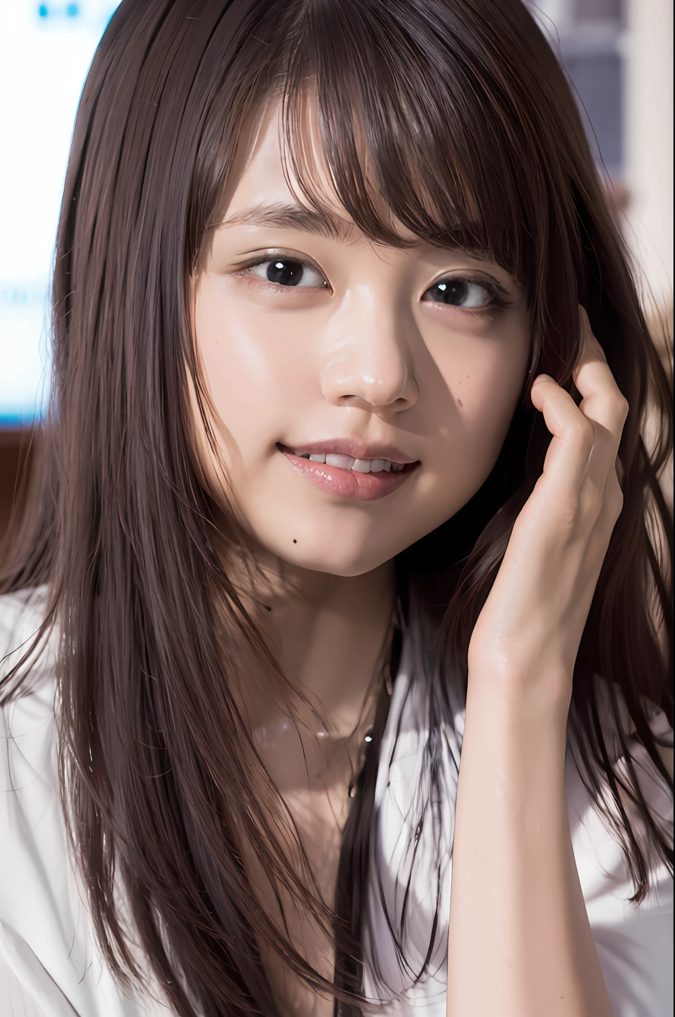 (8k, RAW photo, top quality, masterpiece: 1.2), (realistic, photorealistic: 1.37), super detail, ultra high resolution, one girl, beholder, beautiful detailed face, smile, constriction, (slim waist): 1.3), shirt, beautiful detailed skin, skin texture, floating hair, professional lighting, big breasts, kind eyes, white sleeveless, peering,sexy